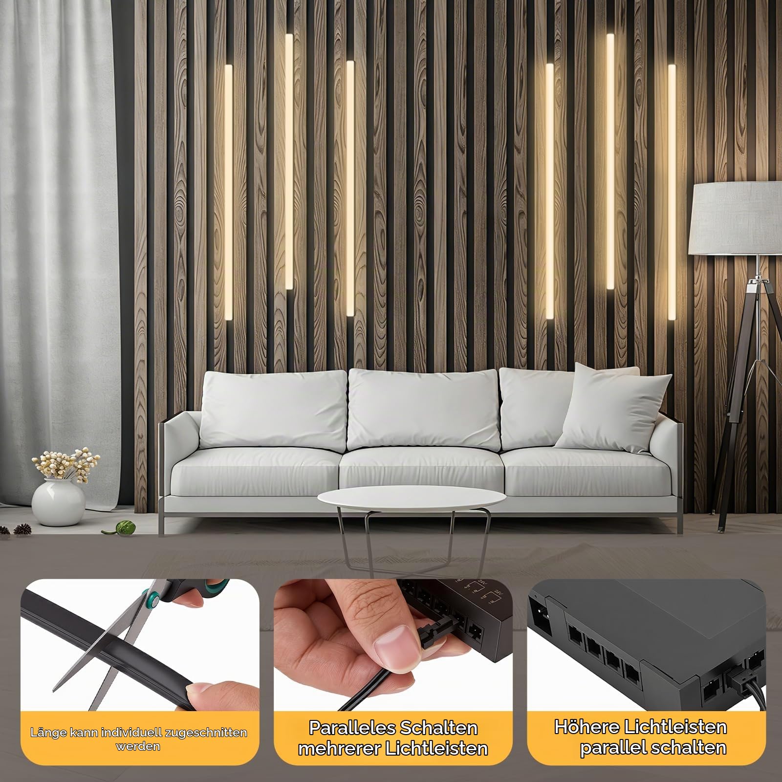 Akustikpaneele Beleuchtung, Dimmbare Zuschneidbar Eingebetteter Warmweiss 6 LED Strips mit Berührungssensor Einfache Installation für Akustikpaneele Regale Schränke Unterflurbeleuchtung