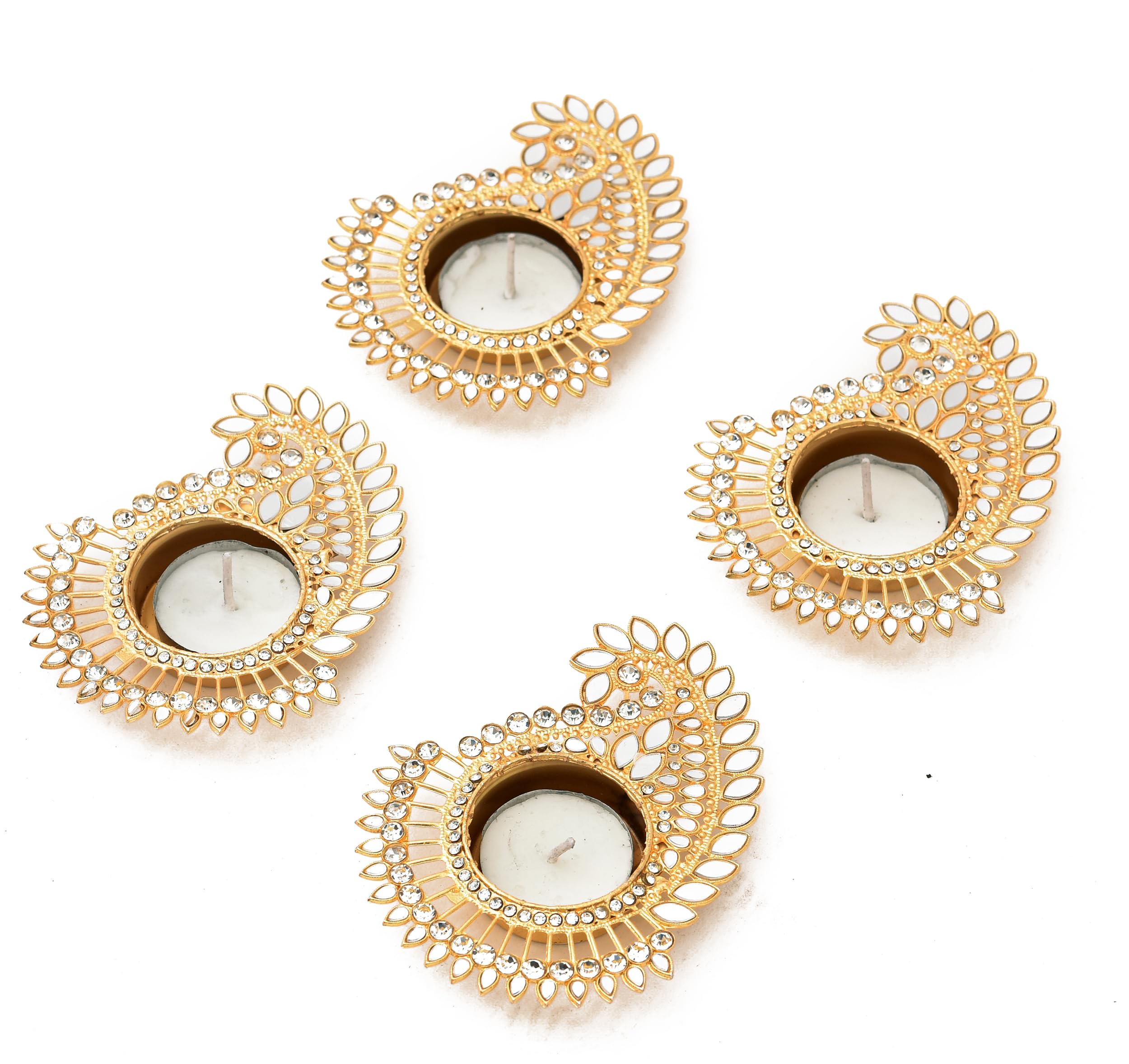 Sanvastar Golden Metal & Mirror Kerry Stone Diya for Diwali, Festive Decor, and Gifting - Set of 4, Paisley Design, Reusable Tealight Holders-image-14