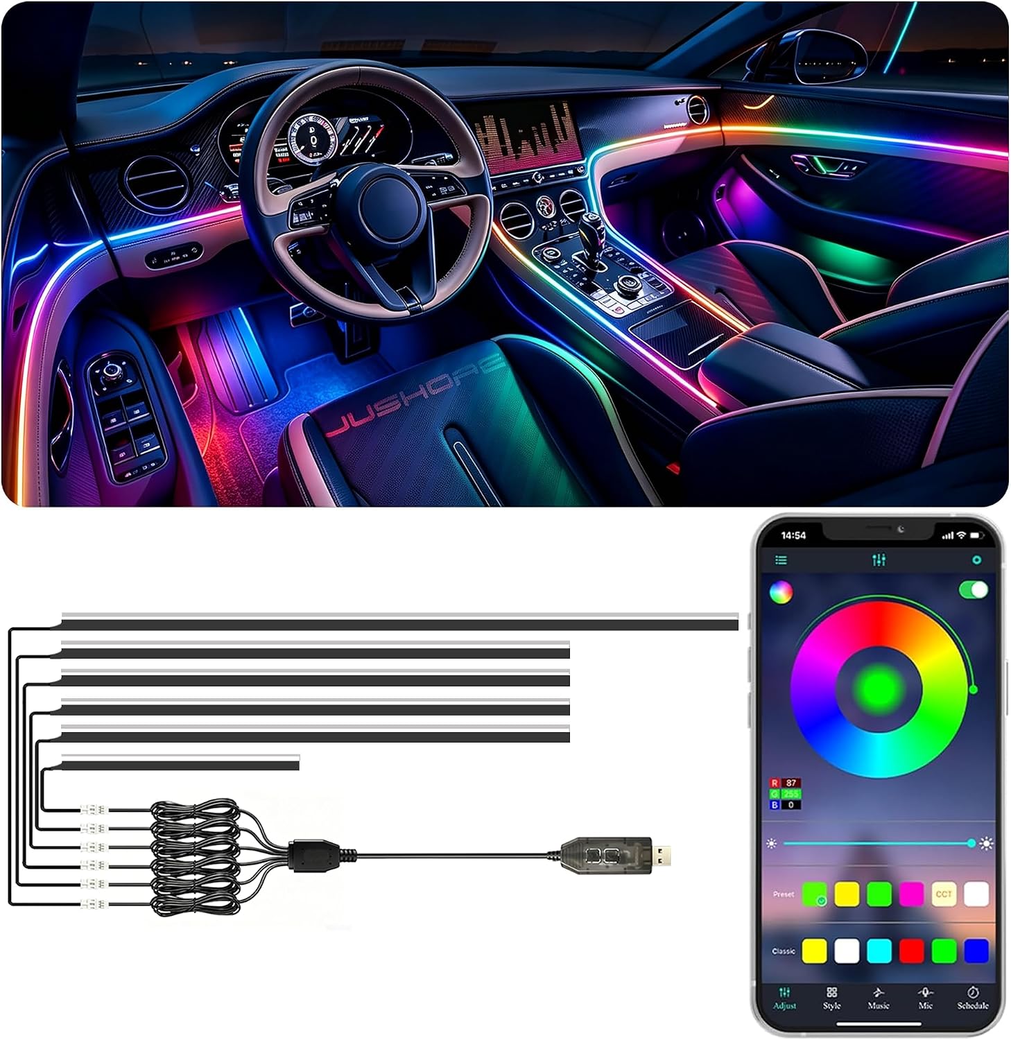 Jushope Interior Car LED Strip Lights, Car Ambient Lighting App Control