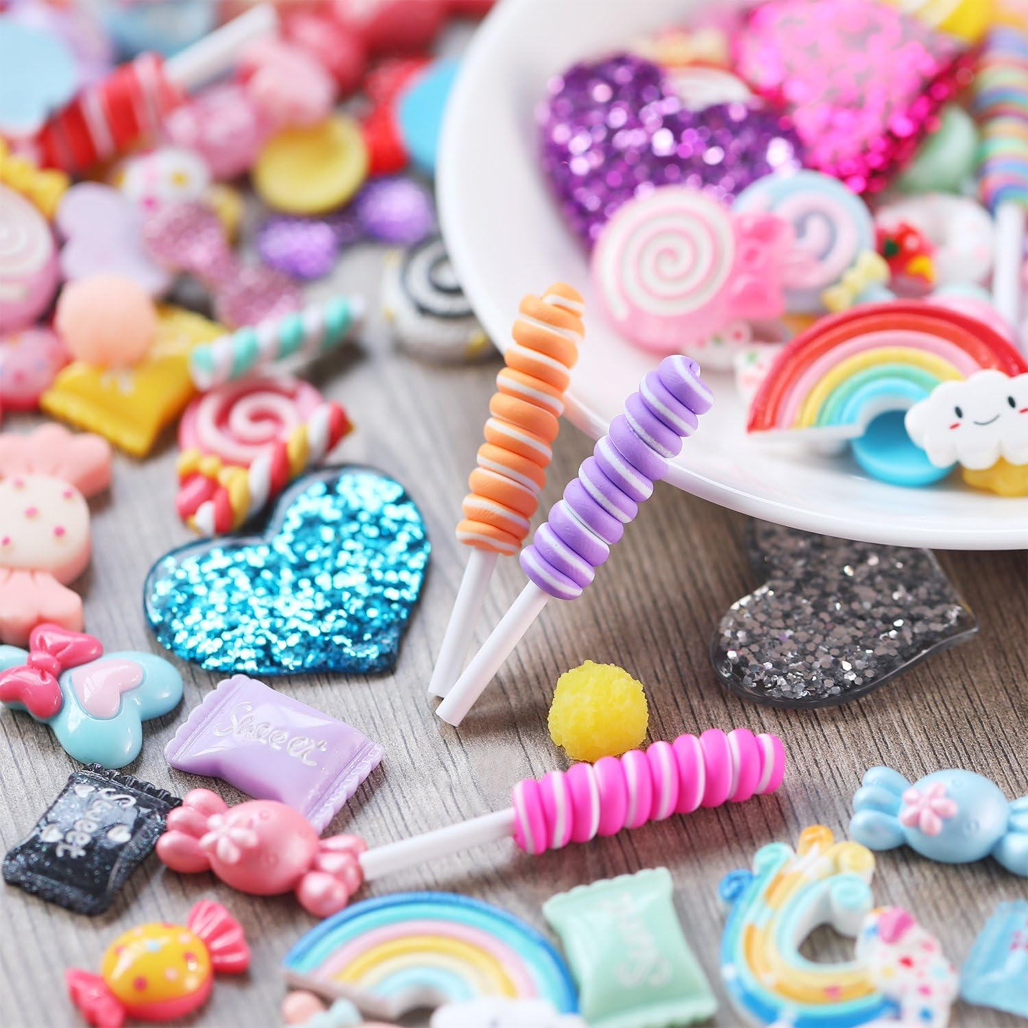 BBTO 100 Pieces Slime Charms Mixed Candy Sweets Resin Flatback Slime Beads Making Supplies for DIY Scrapbooking Crafts (Color 1)