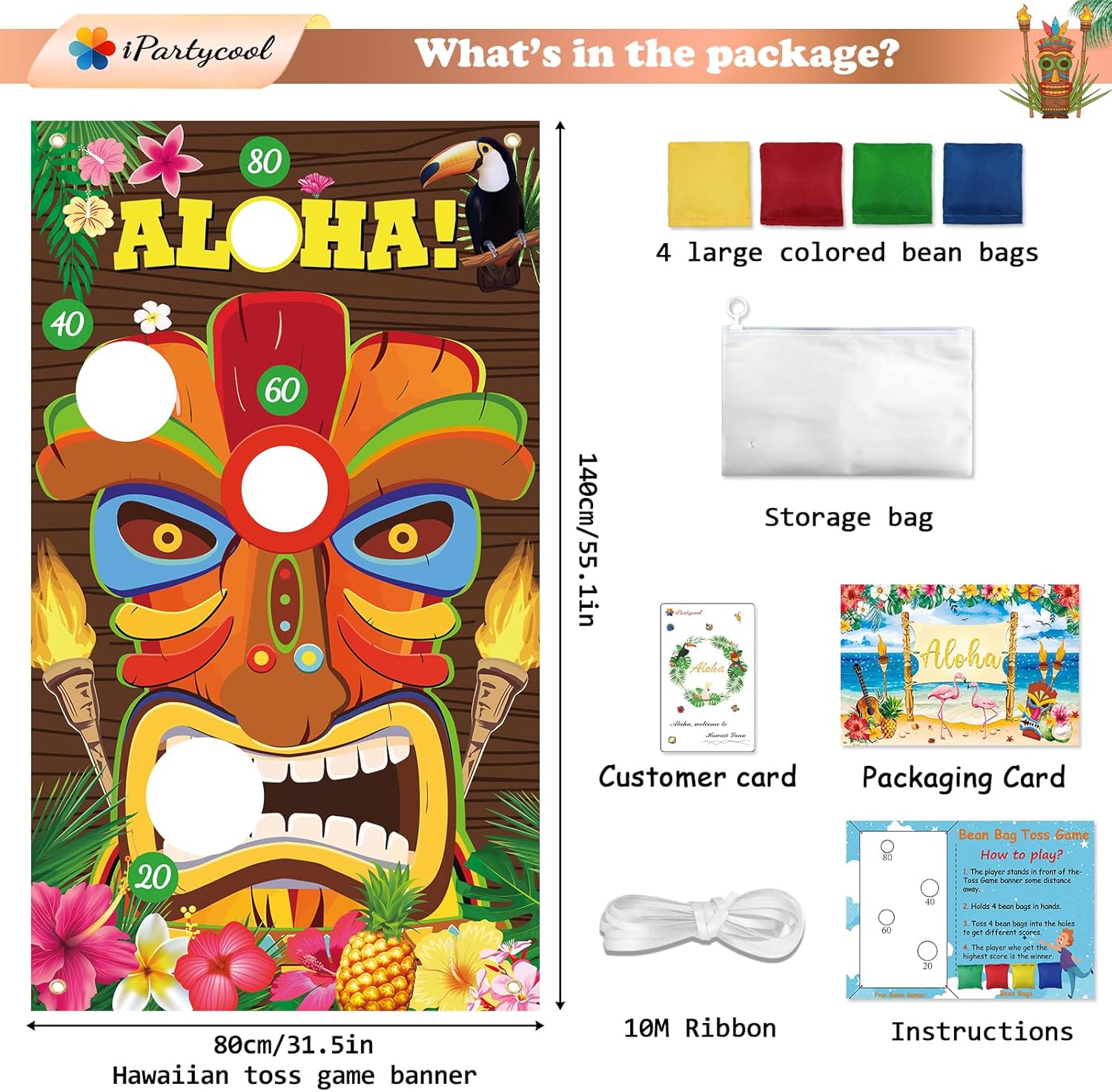 Upgraded Luau Party Games, Tiki Toss, Hawaiian Bean Bag Toss Game for Kids, Premium Aloha Banner, with 4pcs Bean Bags, for Summer Luau Party Supplies, Tropical Tiki Party Decorations