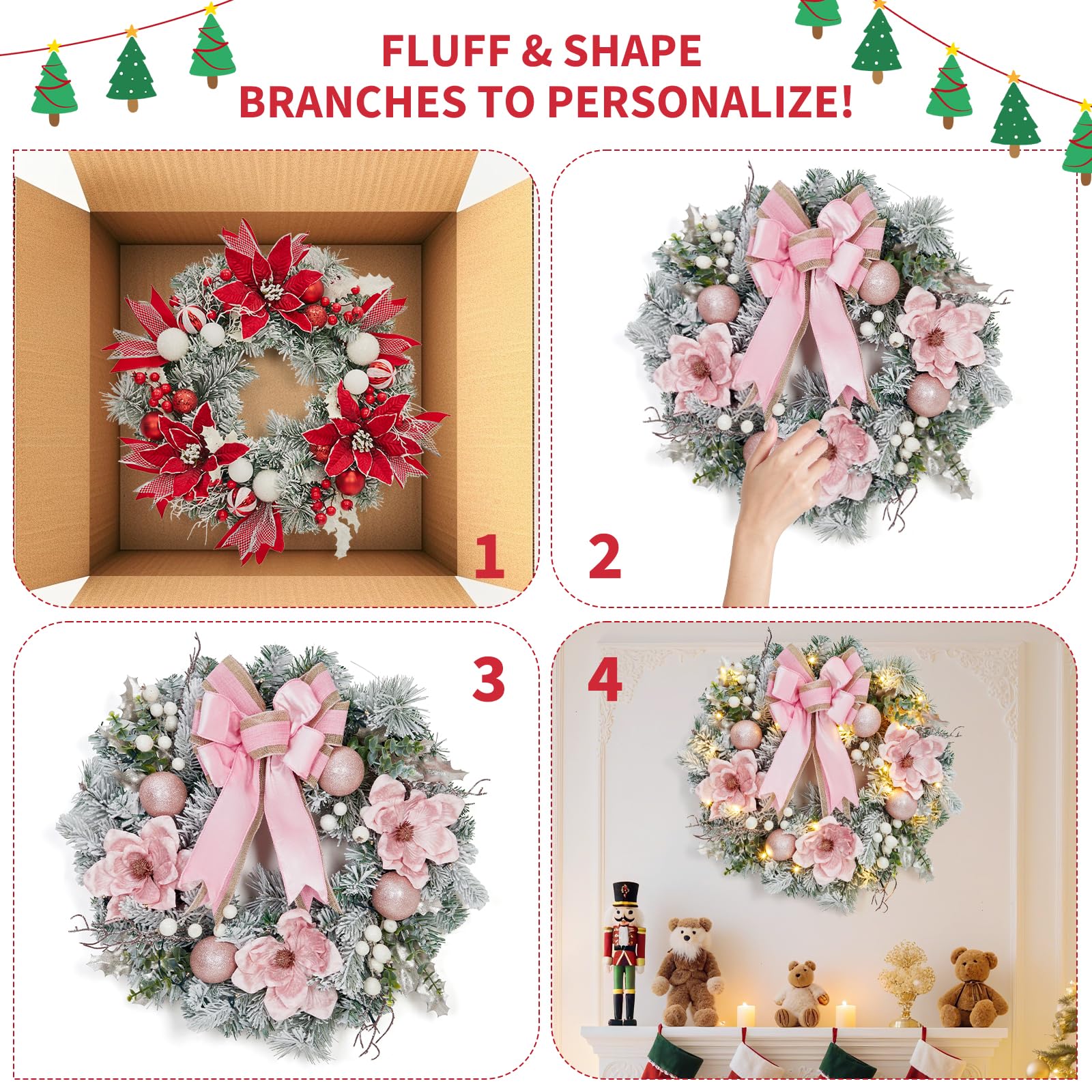 Grande couronne de Noël pré-éclairée pour porte d'entrée, 61 cm pour décoration de vacances, couronne de Noël lumineuse à piles avec fleurs, boules décoratives et 20 lumières LED pour fenêtre