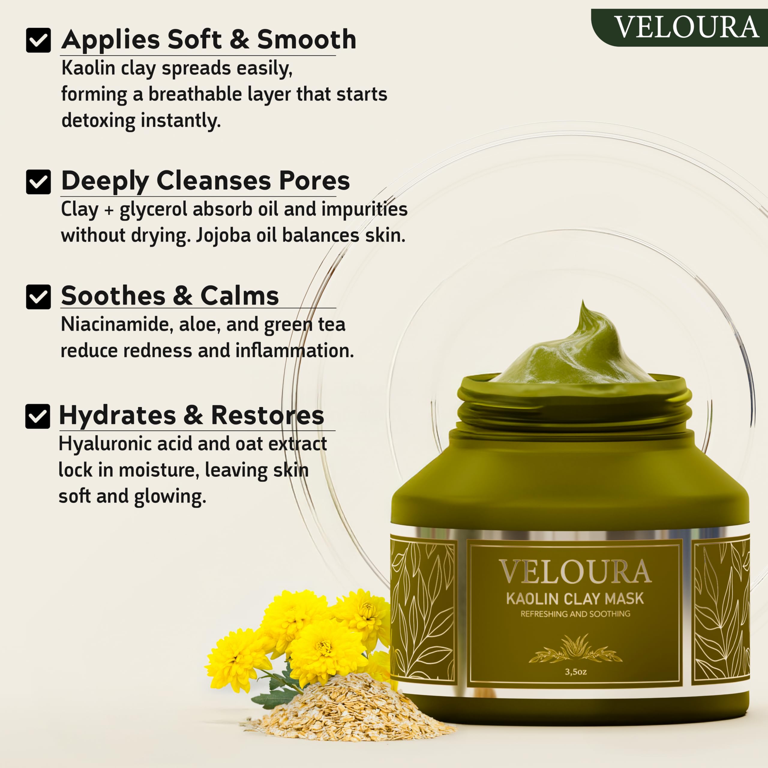 Green Tea Clay Face Mask for Men and Women by Veloura, Deep Cleansing and Hydrating Skincare with Niacinamide, Aloe Vera - Image 2