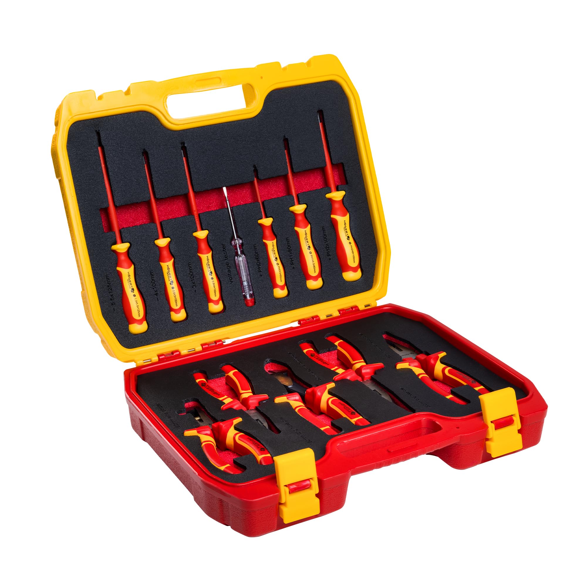 HÖGERT TECHNIK Juego de 12 herramientas para electricistas: destornillador manual aislado de 1000V, destornilladores planos y de estrella, comprobador de tensión, maletín de plástico para herramientas