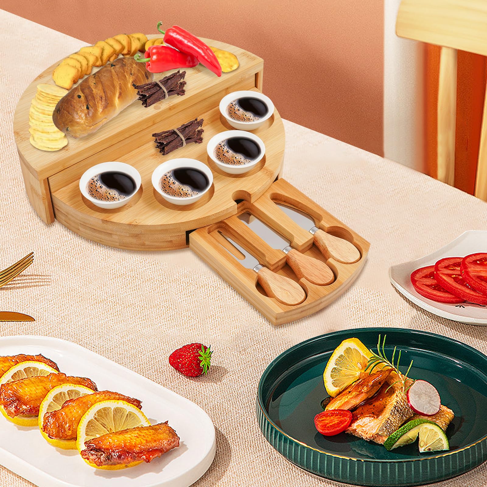 Planche à fromage avec couteau à fromage - Plateau de service rotatif à 360° - Pour plateau à fromage - 32,5 x 32,5 cm - Couleur bois