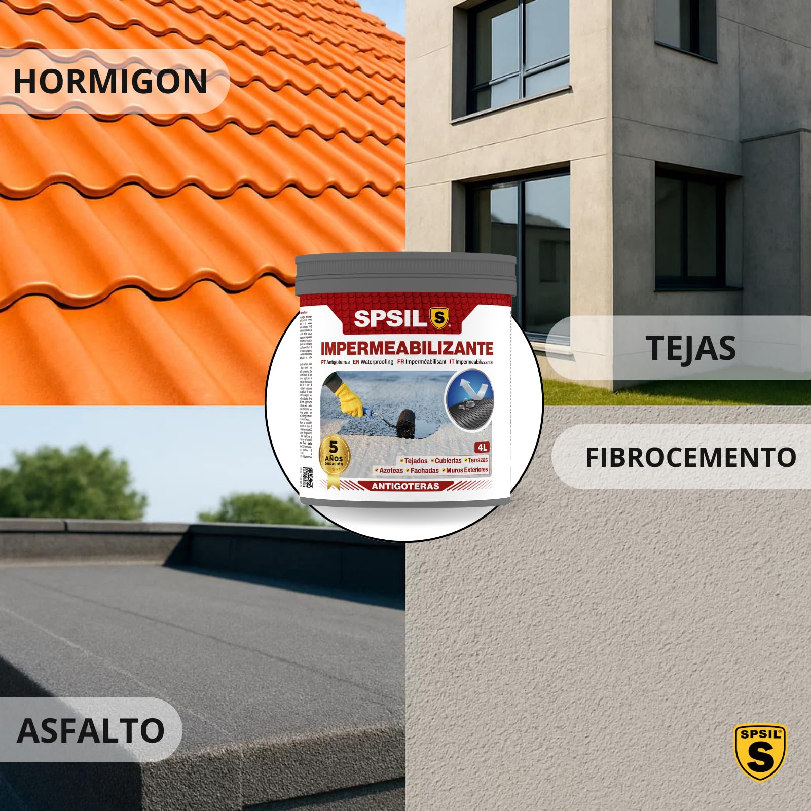 SPSIL Pintura Impermeabilizante Transparente - Previene las filtraciones de agua - Para Tejados, Cubiertas, Terrazas, Azoteas, Fachadas y Muros Exteriores (4 L) (Transparente, 4000 ml)