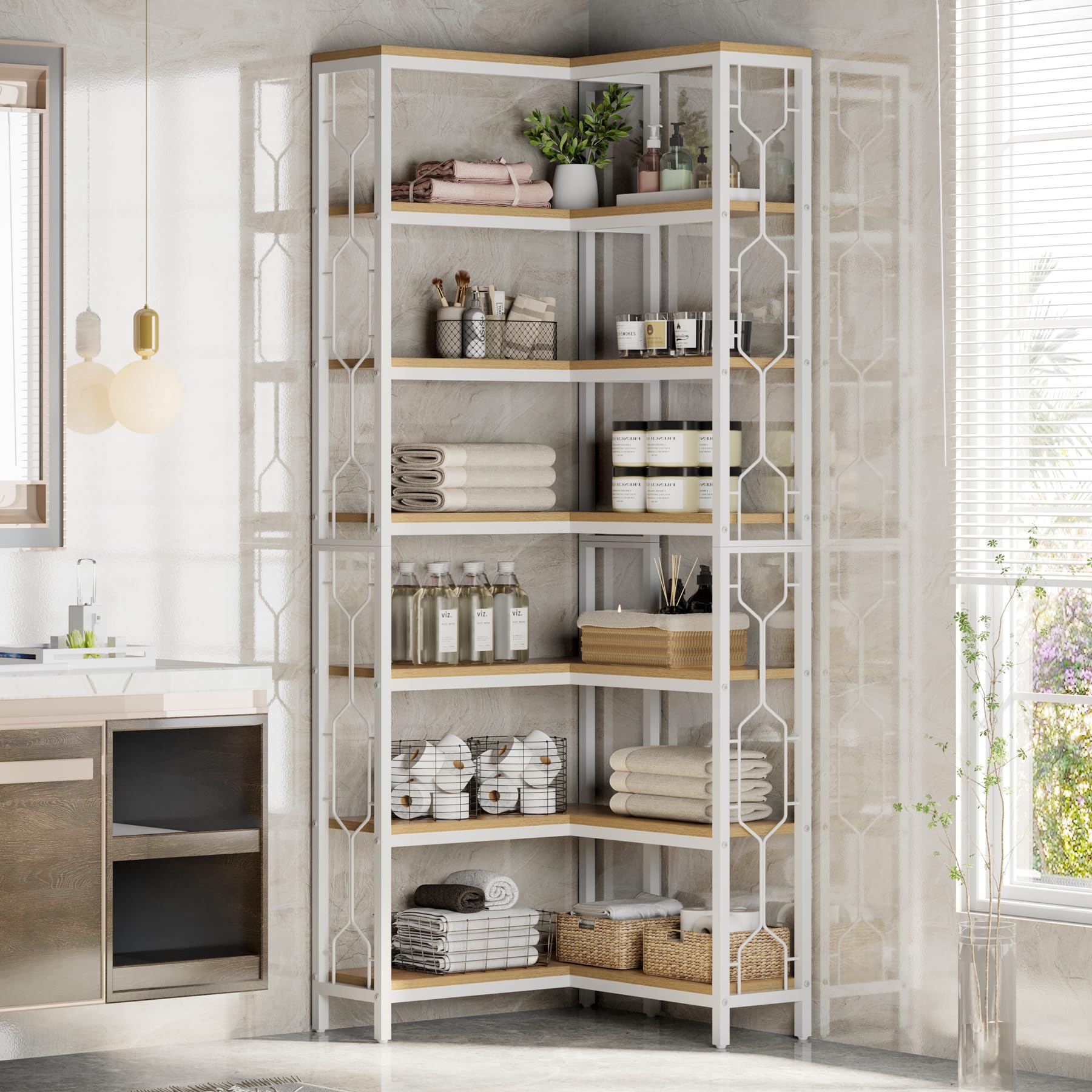 Tribesigns Etagere - Scaffale angolare industriale a 7 ripiani, in legno e metallo, scaffale autoportante per soggiorno, cucina, casa, ufficio, bianco e naturale