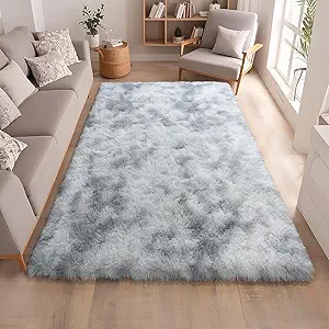 Tie-Dyed Grey Rugs for Bedroom 5x7 ft - Ultra Soft Faux Fur Area Rug - Plush Non-Slip Shaggy Carpet for Living Room, Cozy Fluffy Rug for Kids Boys Girls Dorm Nursery Room, High Pile Floor Carpet