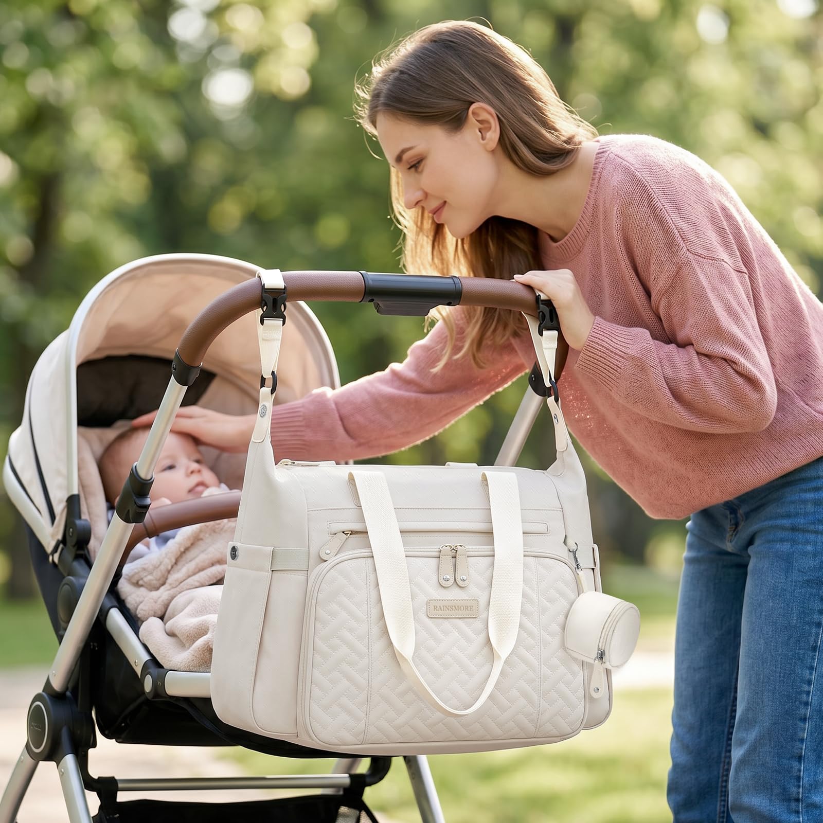 RAINSMORE Borsa Cambio Neonato con Fasciatoio per Passeggino Impermeabile | Borsa Fasciatoio Neonato Bambini per Mamma Papà Grande Capacità Multifunzionale con Tasca Termica Borsa per Ciuccio Bianco