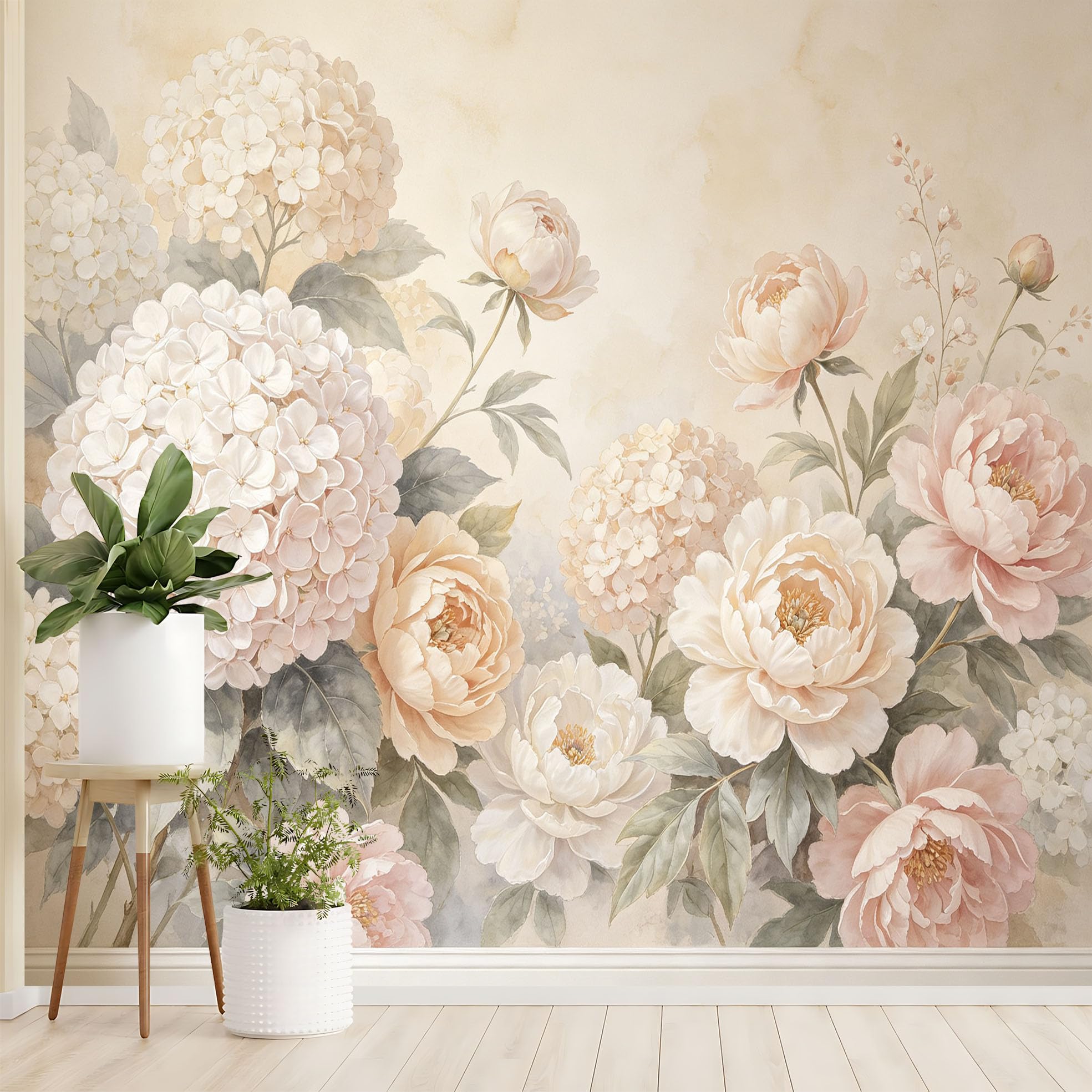 Akwarela piwonia hortensja kwiatowa fototapeta romantyczna botaniczna kwiatowa tapeta z włókniny francuski vintage ogród botaniczny fototapeta 250 x 175 cm kremowy beżowy cecha ściana do salonu Bedro