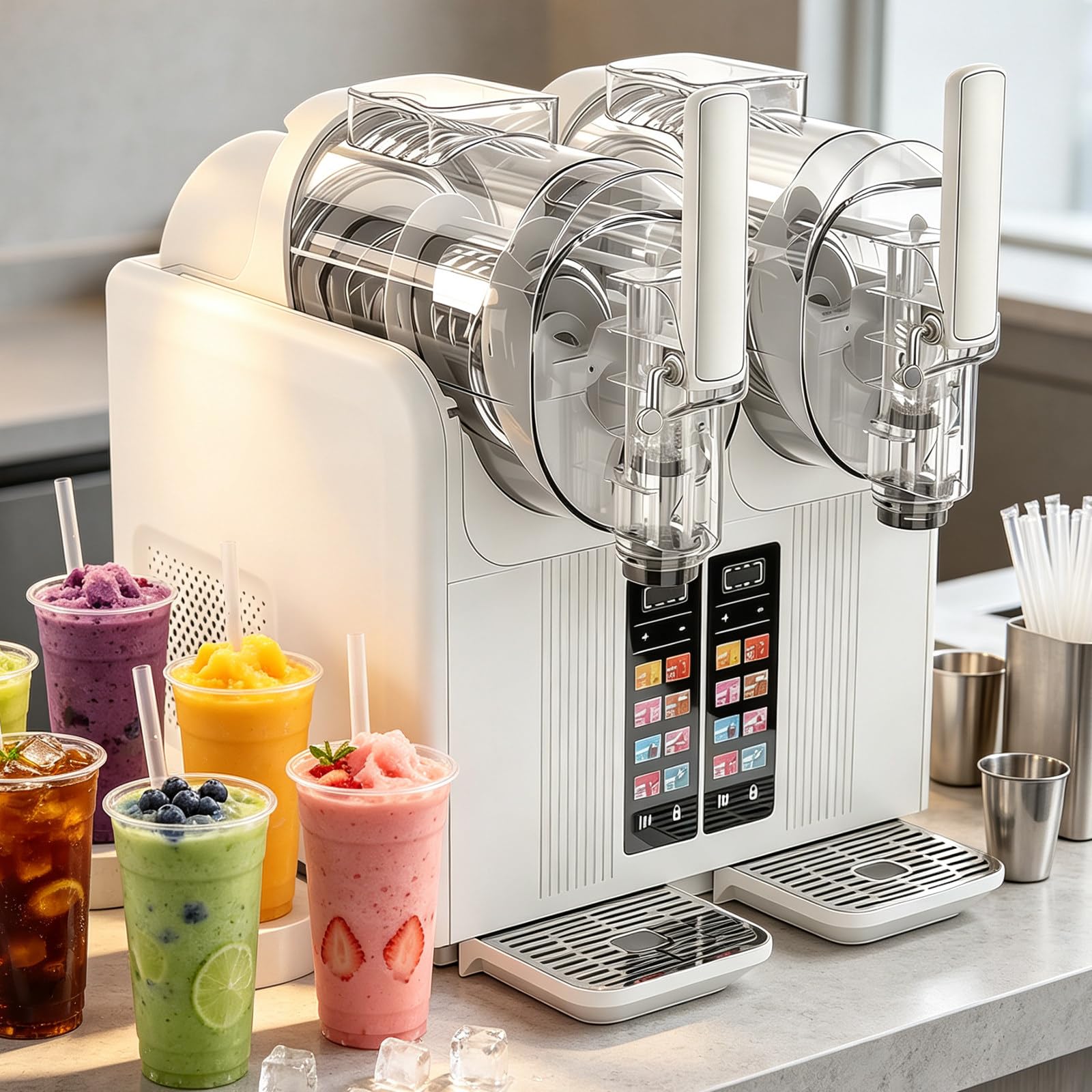 Glowdora White Dual Slushie Machine For Home Bar 1.1 Gal Commercial Slushy Maker Machine 430W Touch Screen Beverage Juice Dispenser Automatic Ice Cream Smoothie Maker