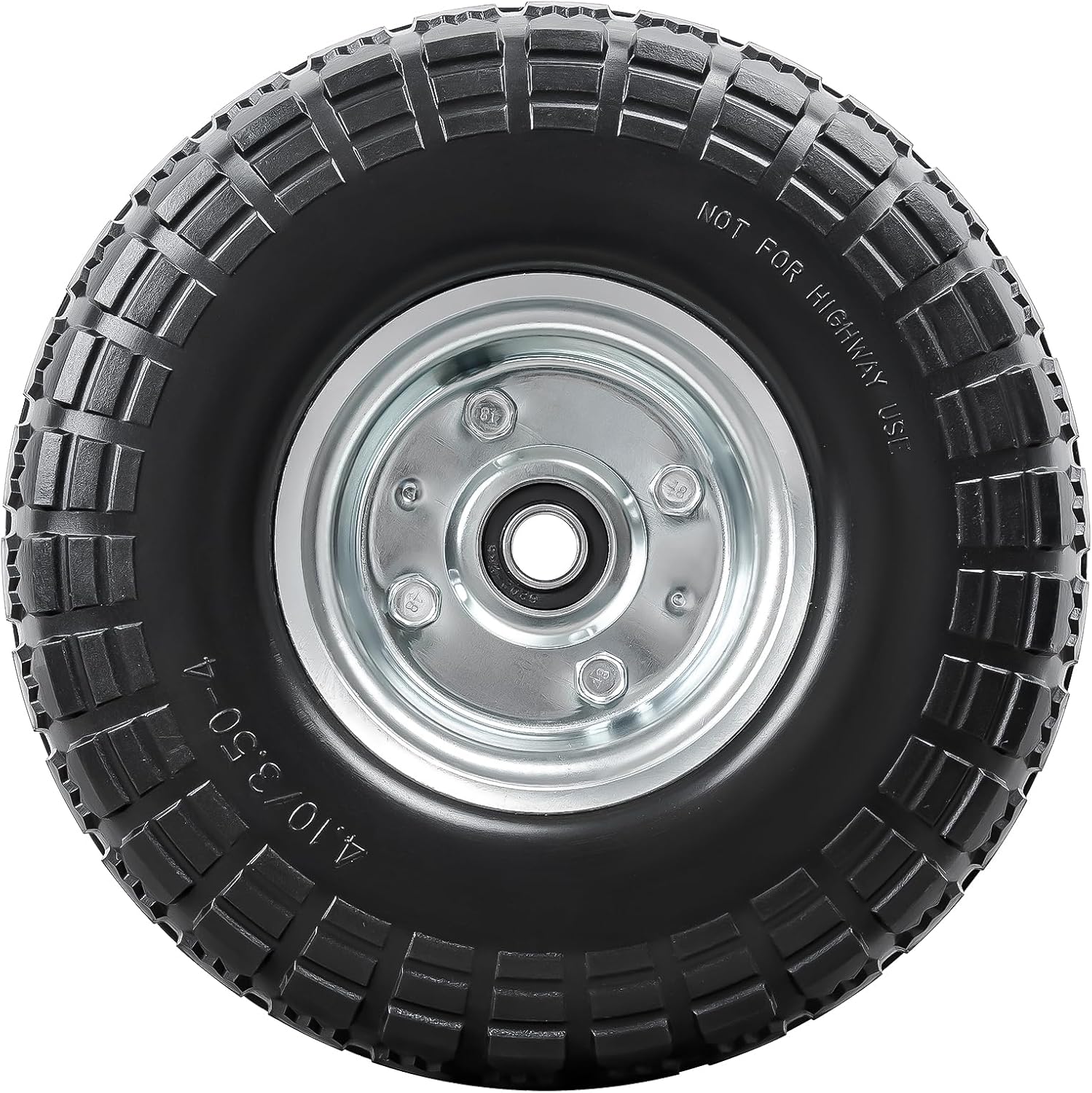 10” Solid Tires, 4.10/3.50-4” Flat Free Tires and Wheels with 5/8” Axle Bore Hole and Double Sealed Bearings Compatible with Hand Truck Wheelbarrow Tire Lawn Mower Tire (Silver, 2PCS) P-092