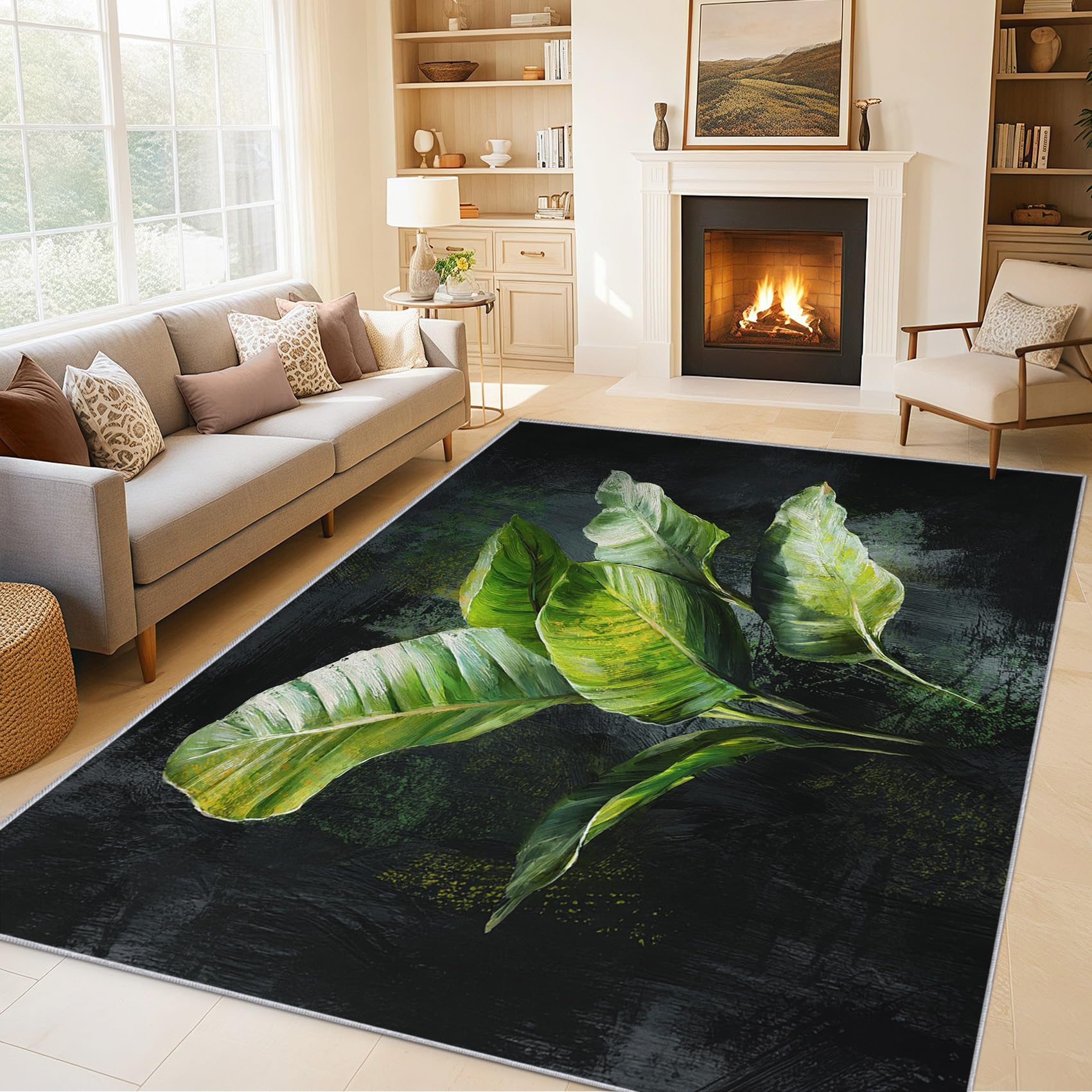 Generisch Grün Blatt Teppich Wohnzimmer 200x230, Kurzflor Teppich Schlafzimmer Pflanzen Blätter Wohnzimmerteppich Groß, Weich Flanell - Antirutsch Carpet H-56