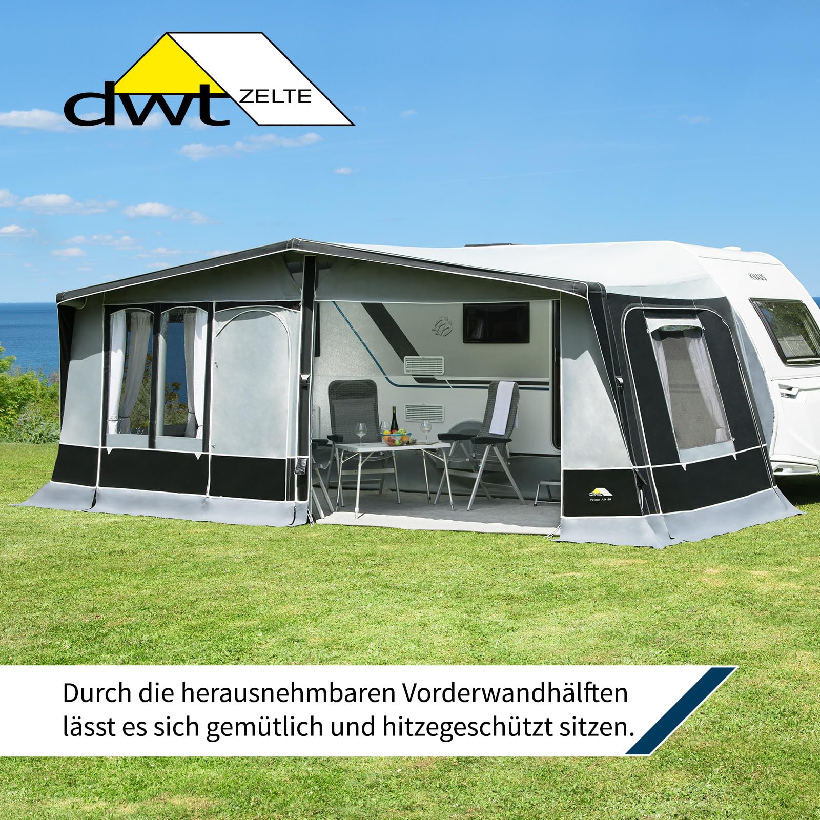 DWT aufblasbares Vorzelt für Wohnwagen - Prime Air II - herausnehmbare Vorder- und Seitenwände - Ganzzelt 240 cm Tiefe - Air-In-System