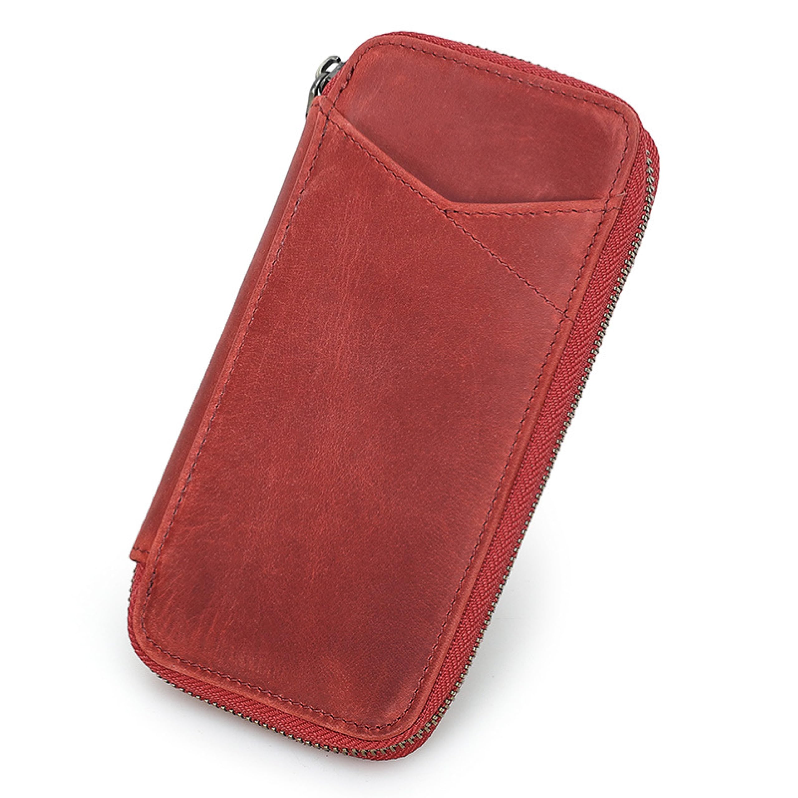 CataPurus Top Grain Genuine Leather 4 Fountain Pen/Pencil Case Pouch, Handmade Minimalist Design, Zipper Closure with Multi-Function & Slots, Gift Choice for Man/Woman/Office, Matte Red, 4 Slots — image 1