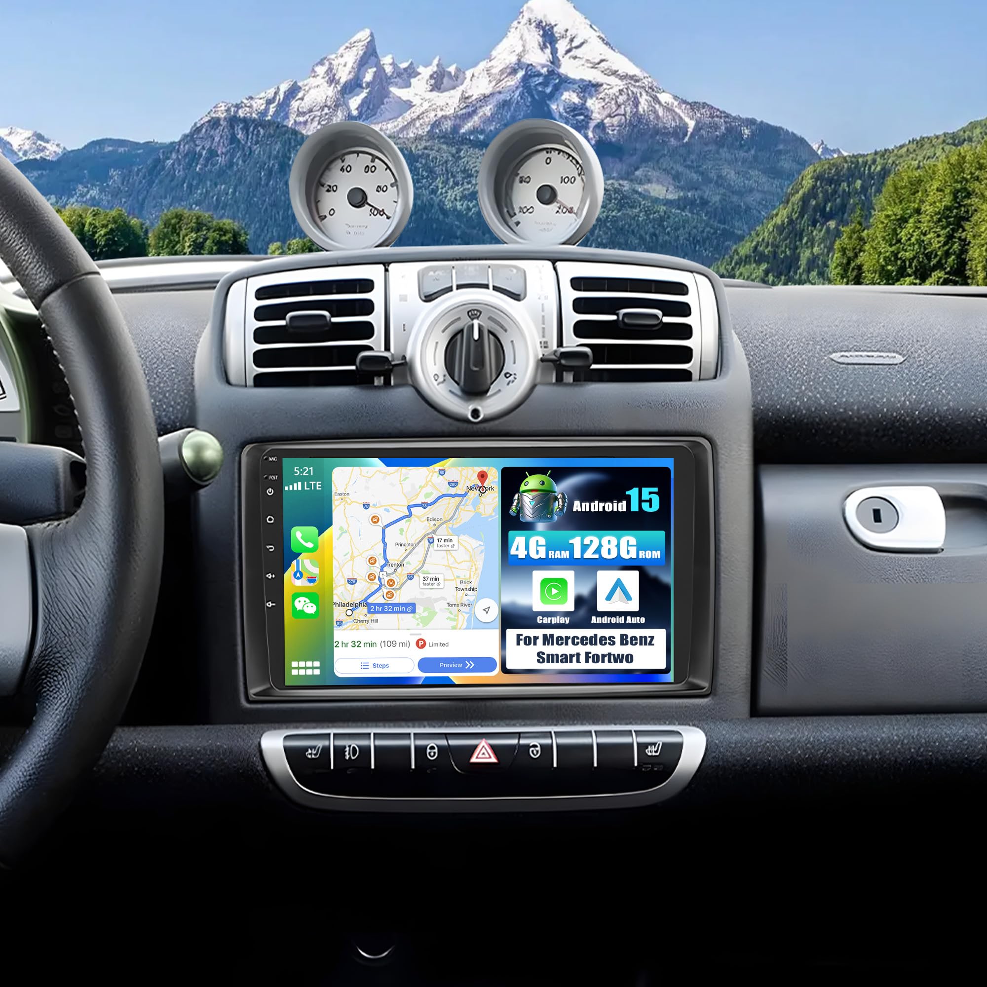 SIXWIN 4+128G Android 15 Autoradio für Mercedes Benz Smart Fortwo 2005-2010 mit CarPlay/Android Auto/Mirror Link,9 Zoll HD Touchscreen Unterstützt WiFi GPS Bluetooth FM/RDS USB EQ+Rückfahrkamera