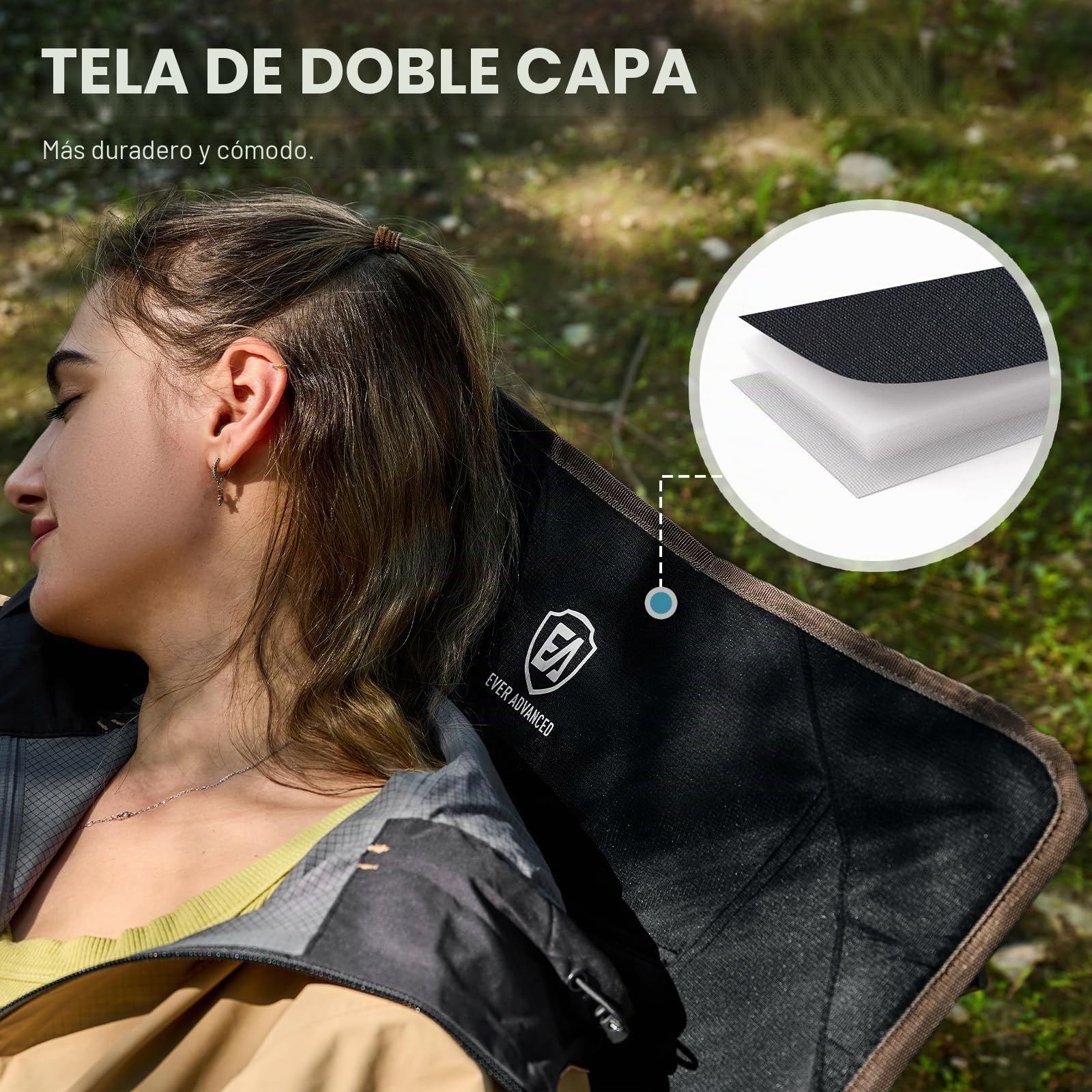 EVER ADVANCED Silla plegable de Campinng con respaldo ajustable, soporta 160 kg, silla plegable reclinable en 4 posiciones, silla plegable con bolsillo lateral y soporte para bebidas para camping