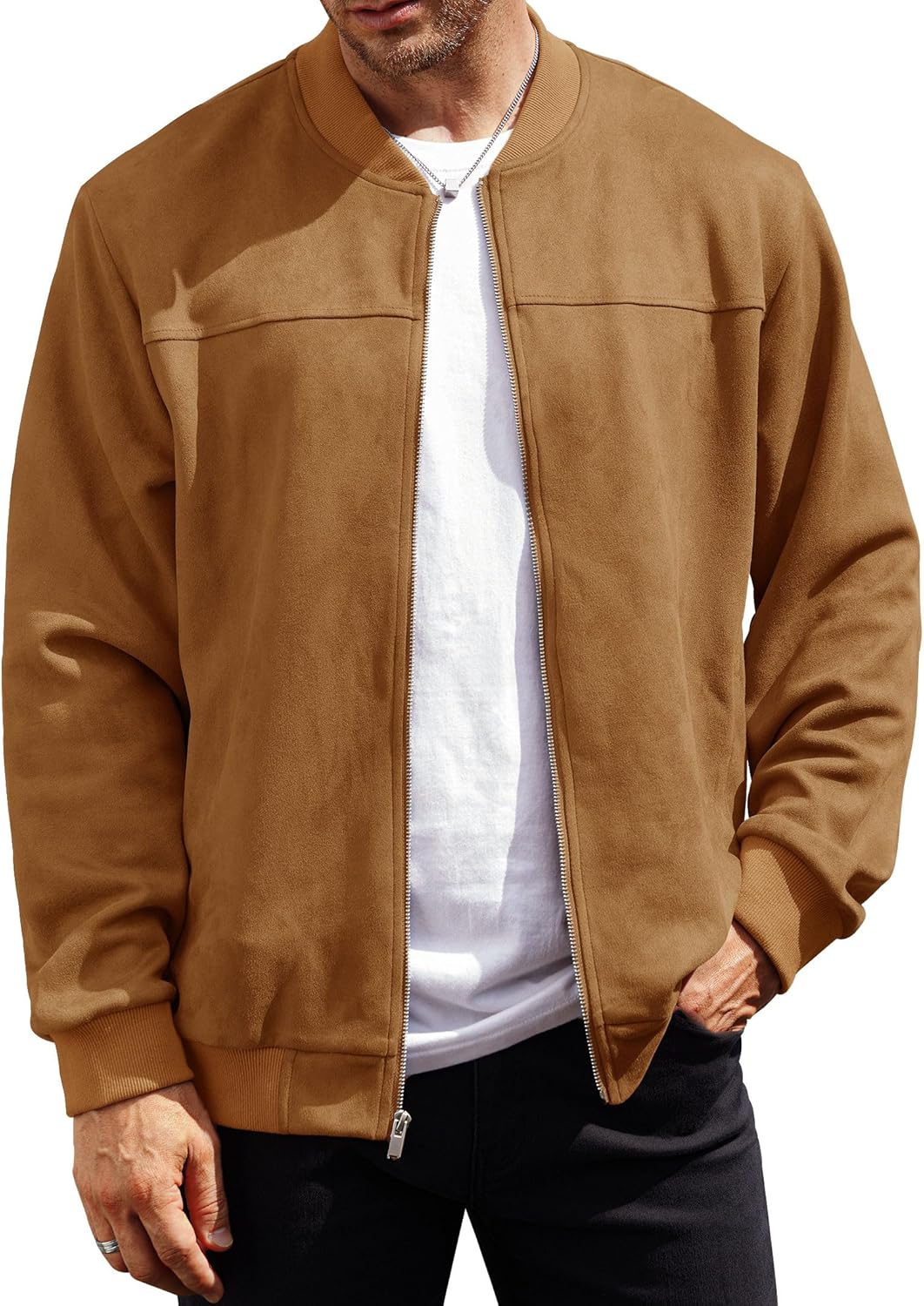 Men’s Bomber Jacket Faux Suede Midweight Casual Full-Zip Flight Coat (S-XXL)