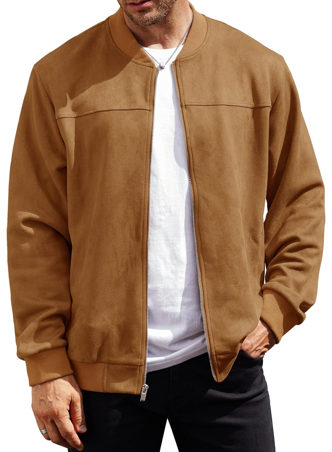 Jaqueta bomber masculina de camurça, casual, pesada, com zíper (P-GGG)