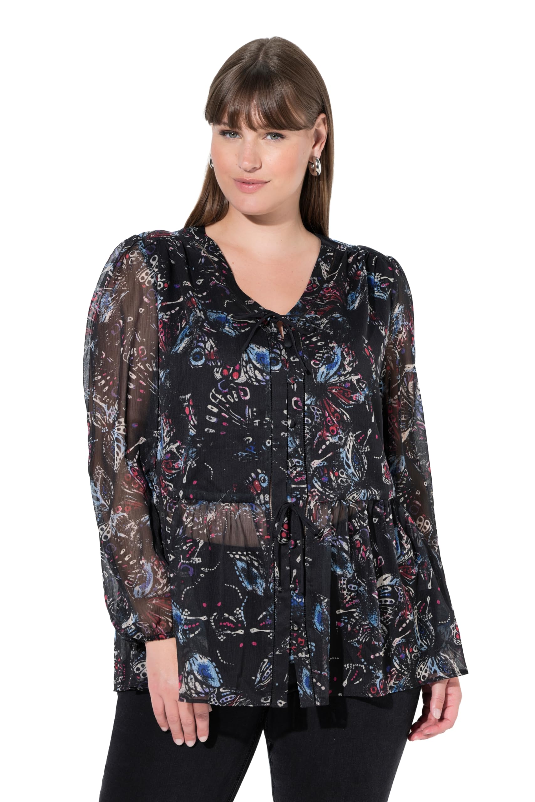 Ulla Popken Damen große Größen Übergrößen Plus Size Bluse, Schmetterlinge, A-Linie, V-Ausschnitt, Langarm 845367