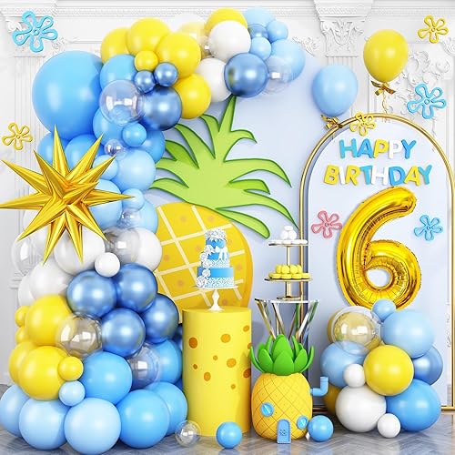 6th Birthday Sponge Theme Balloons Arch, Blue Yellow White Clear Balloons Garland Kit with Gold Number 6 Balloon Tower Star Foil Balloon for 6 Year Old Boys Cartoon Sponge Birthday Party Decorations