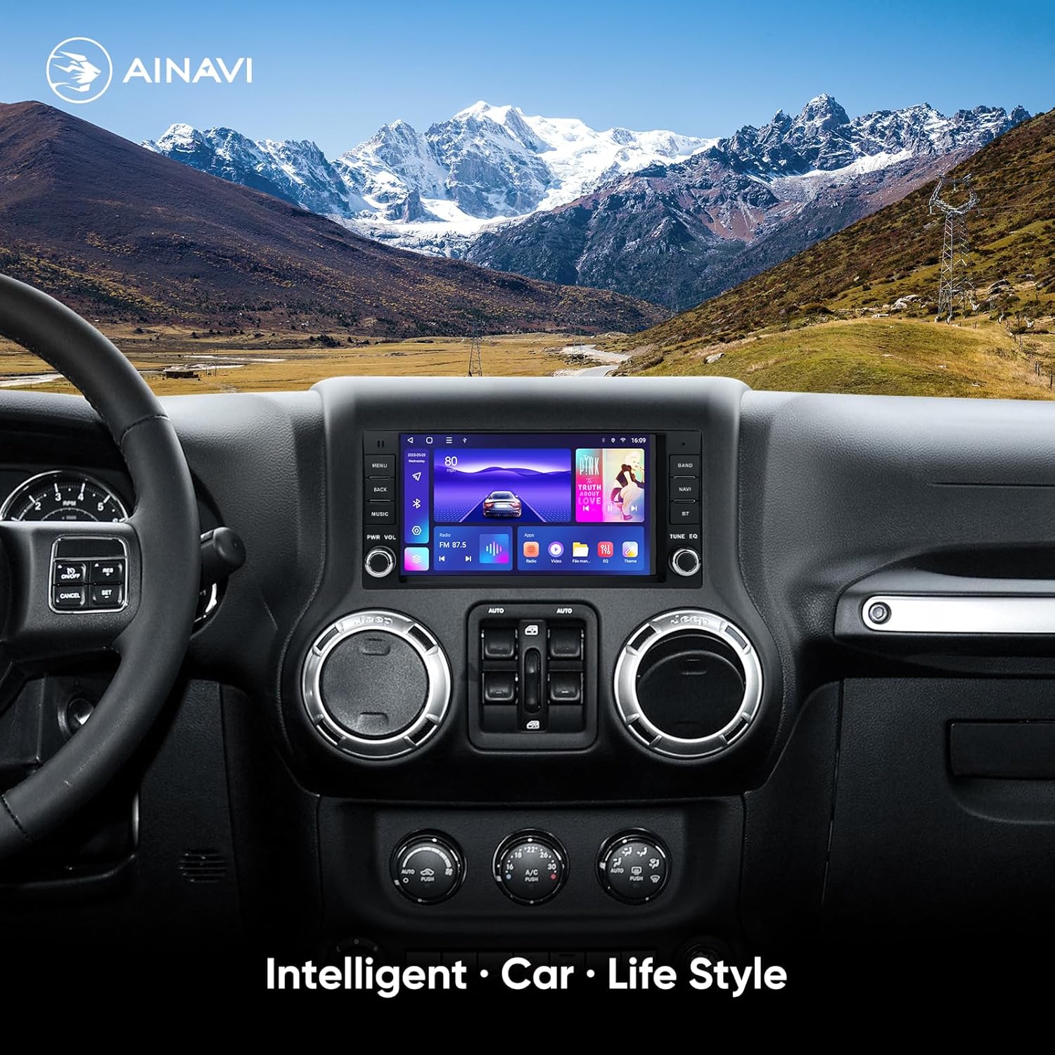 Screenshot of the car stereo's DSP settings interface, showing options for sound bass, surround sound, and boost bass filter, with a visual representation of sound adjustment points.