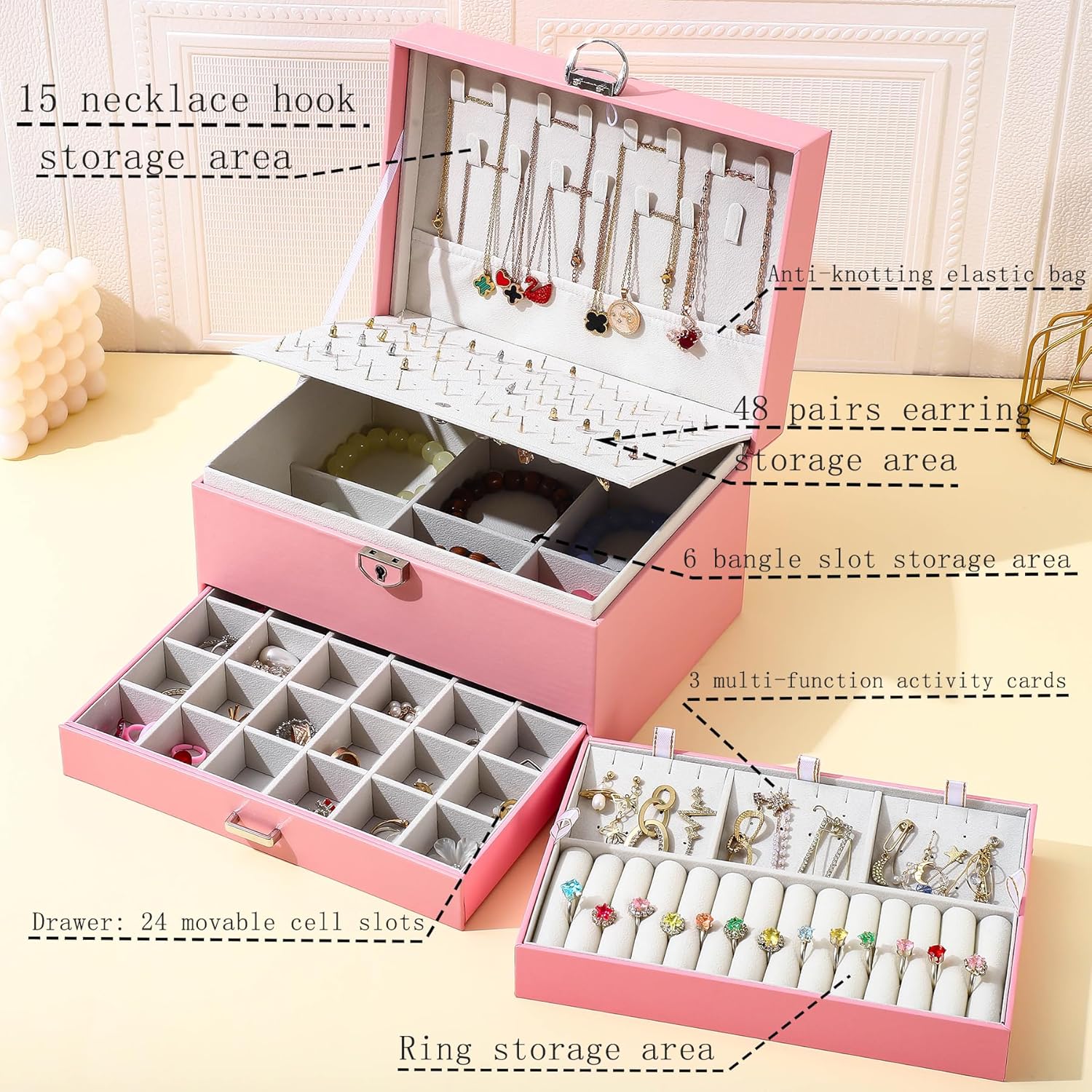 BOOVO Earring Jewelry Box For Women Girl Stud Organizer, 5 Layers Girl Jewelry Organizer Box With Lock Earring Holder Organizer Necklace Ring Jewelry Organizer Box For Girls (Pink) - Image 2
