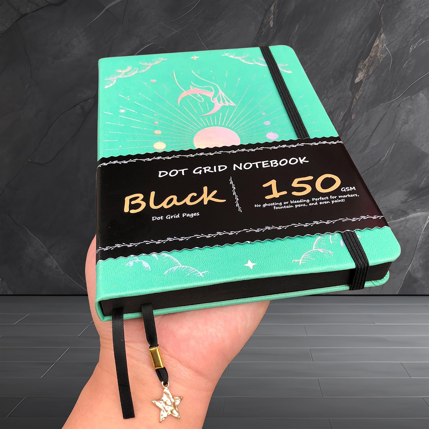 BUKE Dotted Journal - 150gsm Black Paper - 5 * 5mm DOT GRID Layout 160 Pages - A5 Size PU Leather Hardcover Drawing Sketch Notebook (Green) image 3