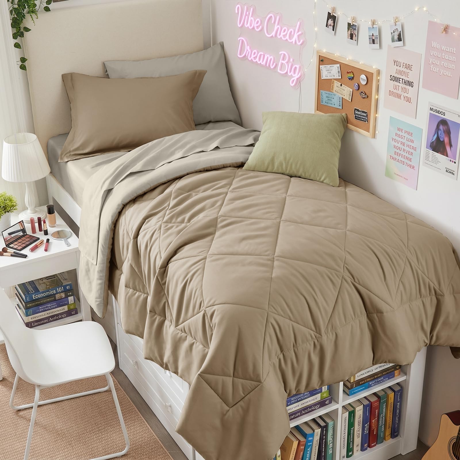 HEVUMYI 5-Piece Twin XL Comforter Set, Khaki &amp; Linen Bed in a Bag