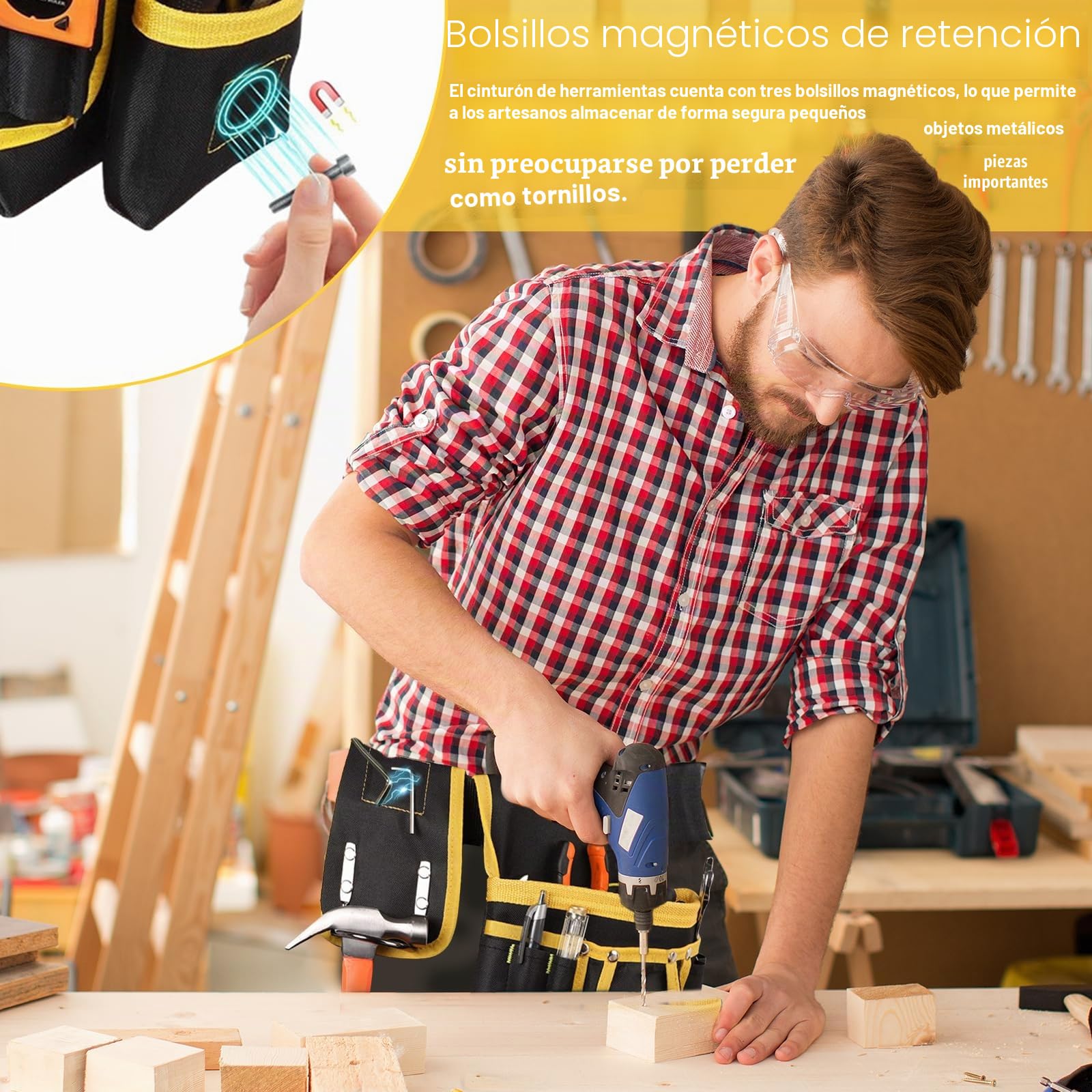 Cinturón de Herramientas con 26 Bolsillos y 1 Portamartillo Anillo Magnética Cinturon Portaherramientas Cinturon Herramientas Electricista Ajustables y Desmontables para Carpintero Construcción