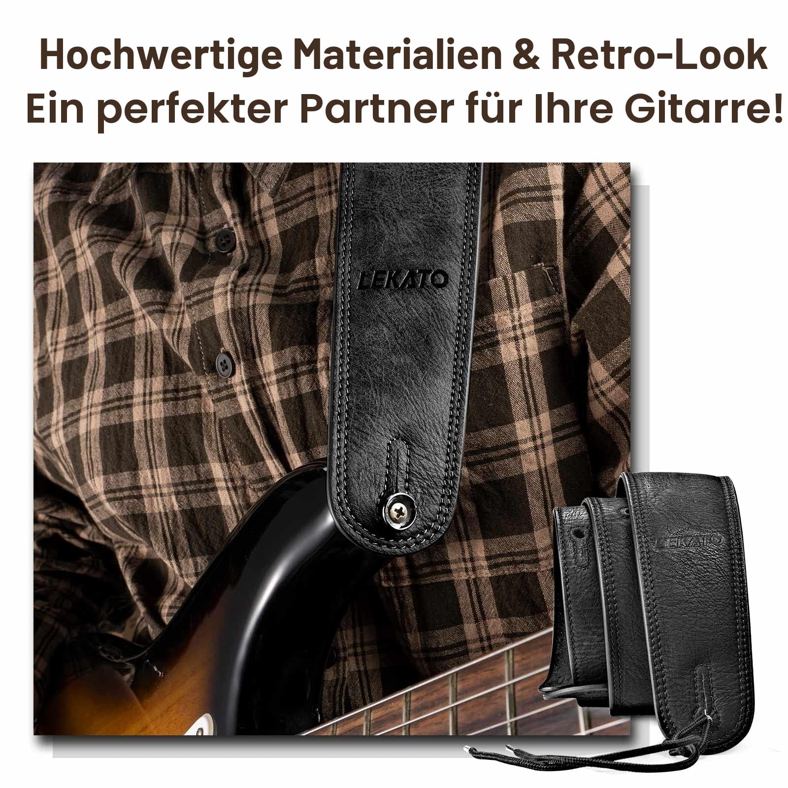 LEKATO Gitarrengurt aus Leder mit dicker Schaumstoffpolsterung, breiter Bassgitarrengurt für Bass, E-Gitarre, Akustikgitarre, klassische Gitarre, verstellbarer Ledergurt, Länge von 41" bis 51"