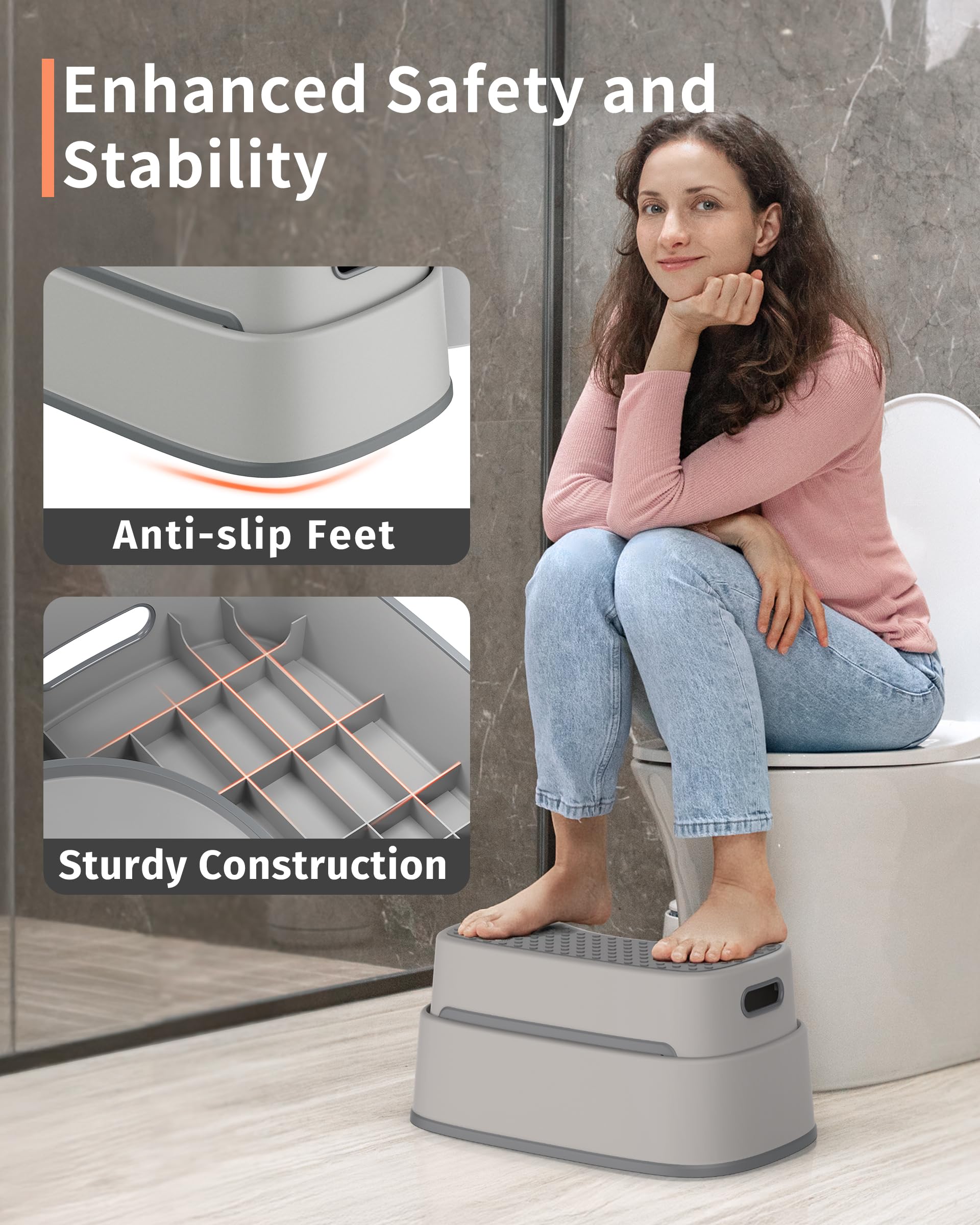 MR.SIGA Tabouret Toilette Empilable, Repose Pied WC pour Adultes, Gris | Marche Pied Antidérapant SDB pour Meilleure Posture