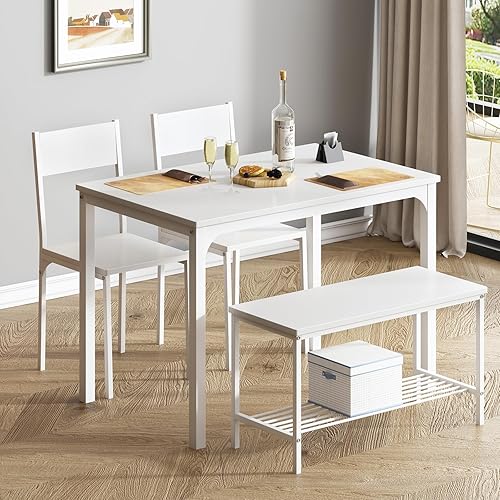 SogesPower Juego de mesa de comedor de 43 pulgadas con 2 sillas y banco, juego de mesa de comedor para 4 hogares, cocina, comedor, restaurante,