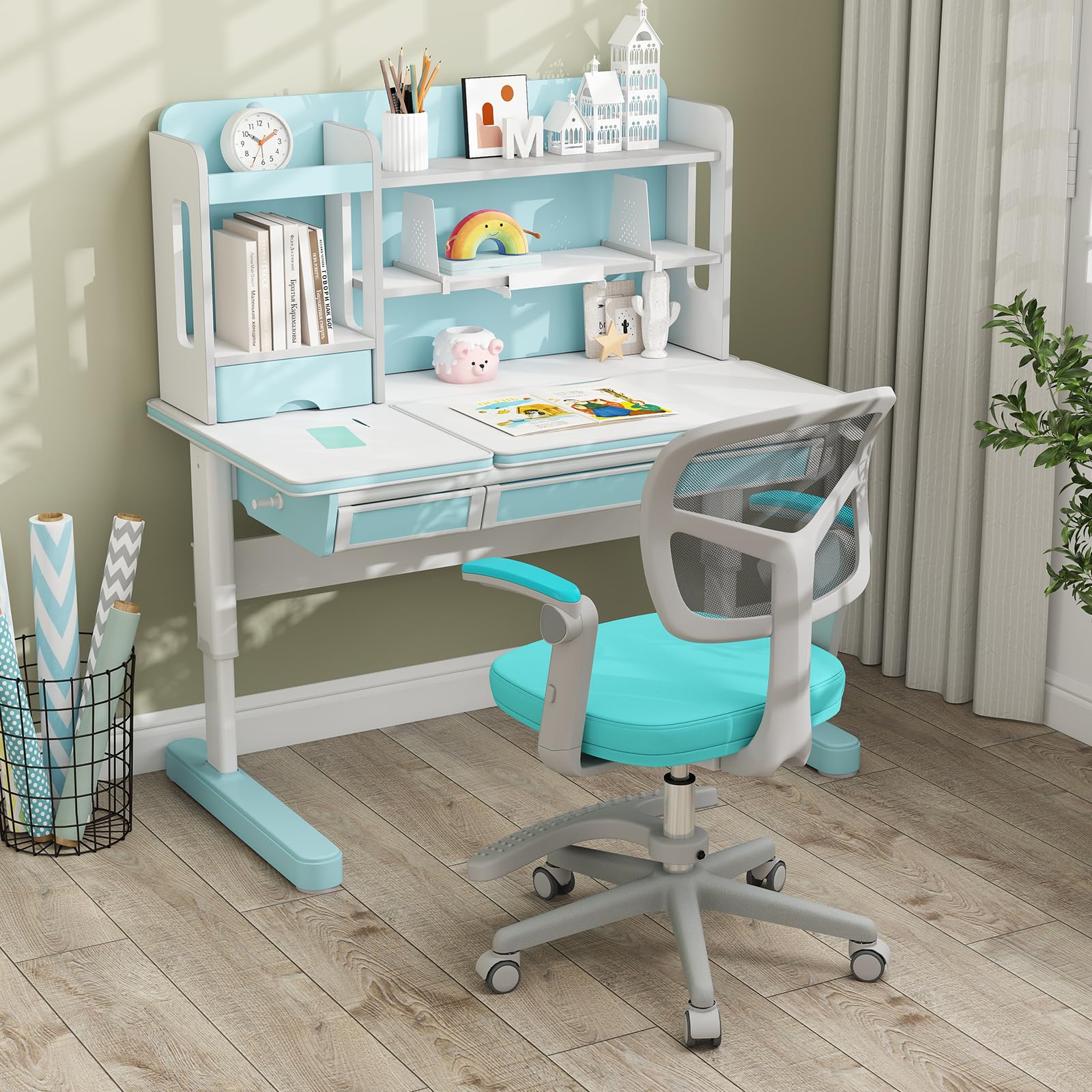 COSTWAY Chaise Bureau Enfant Pivotante avec Hauteur Réglable, Fauteuil Bureau Enfant avec Accoudoirs & Repose-Pieds Réglables, Dossier Ergonomique, Coussin Amovible, Charge 150 kg，3-15 Ans (Vert)