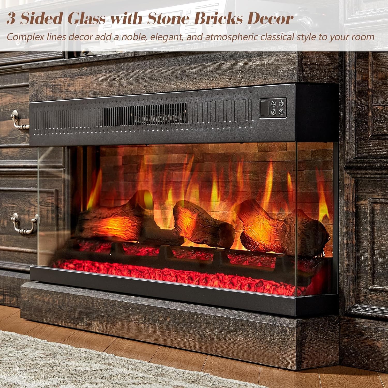 5-Piece Farmhouse Living Room Table Sets, Includes 75" Rustic TV Stand with 36" 3-Sided Glass Fireplace, 40" Coffee Table and 2 End Tables with Charging Station & Barn Doors, Black Oak 75in Black Oak