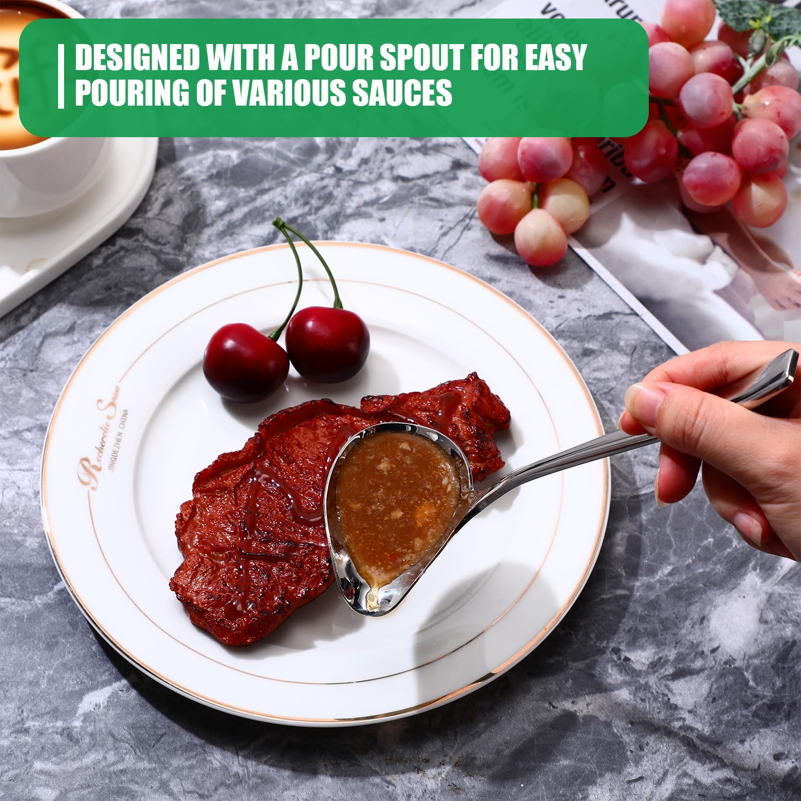Mifoci 4 Stück 18 cm Edelstahl Saucenkelle Sauciere Sauciere Nieselregen Löffel mit Ausguss Saucenlöffel Kleine Schöpfkellen zum Servieren von Sauce Schokolade Küche Silber