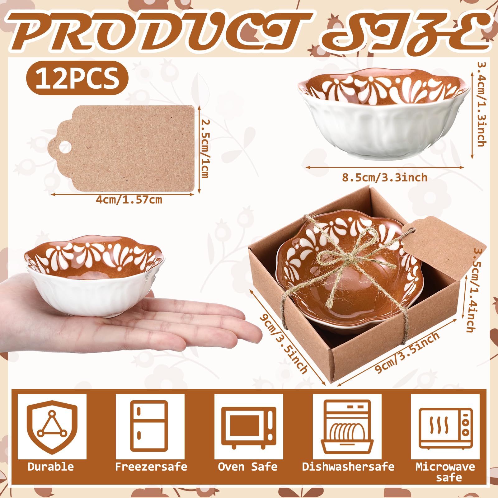 SiliFine 12 Pcs Ceramic Pinch Bowl 3.3 Inch Cielito Lindo Party Favors for Guests Small Mexicanos Ceramic Dipping Bowls Bulk Gifts with Cards for Party Shower Favor (Floar,Brown)