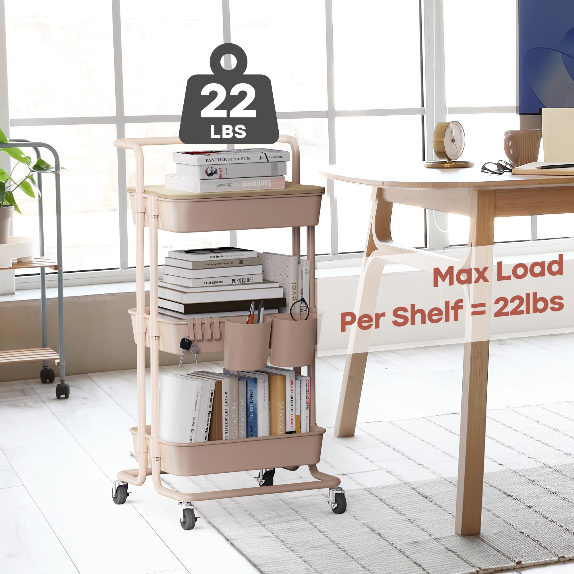 DTK Carrello a 3 ripiani con coperchio e maniglia e ruote di bloccaggio, carrello da cucina con 2 cestini piccoli e 4 ganci per bagno, ufficio, balcone, soggiorno, colore: rosa