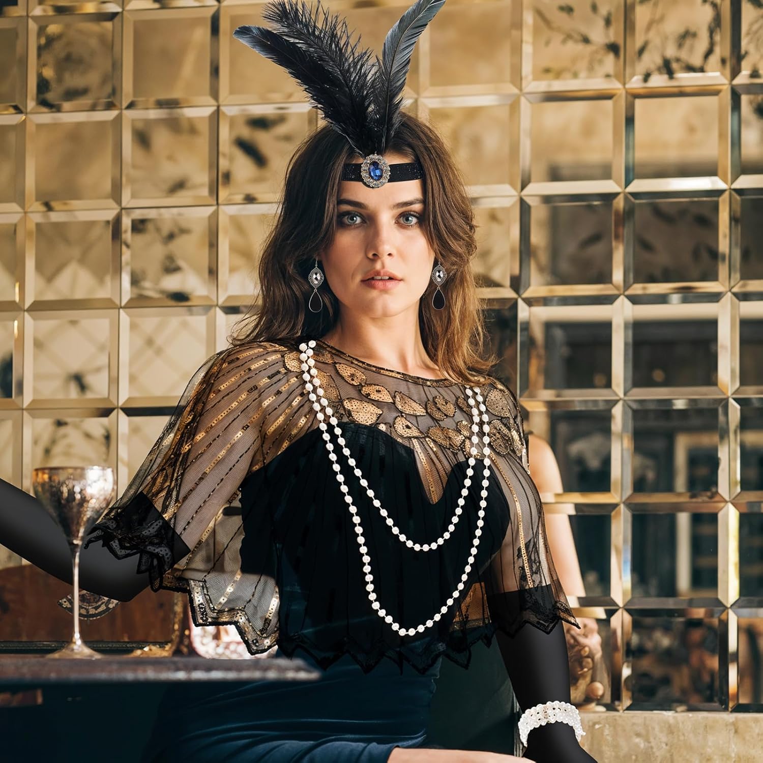 10 Pieces 1920s Flapper Gatsby Accessories Set Fashion Roaring 20's Theme Set with Headband Headpiece for Women Black - Image 5