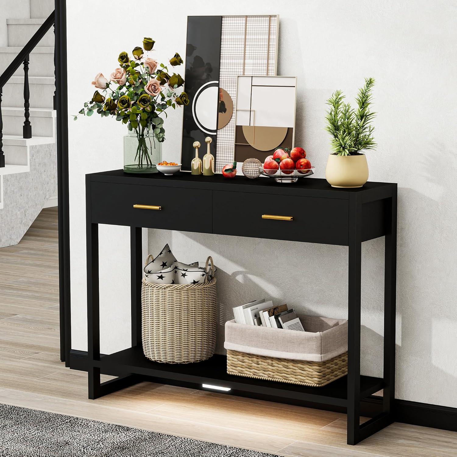 Entryway Table with Motion Sensor Light, 2 Drawers Shelf & Metal Handles – Console Table for Hallway, Sofa, Behind Couch, Living Room & Entrance Decor