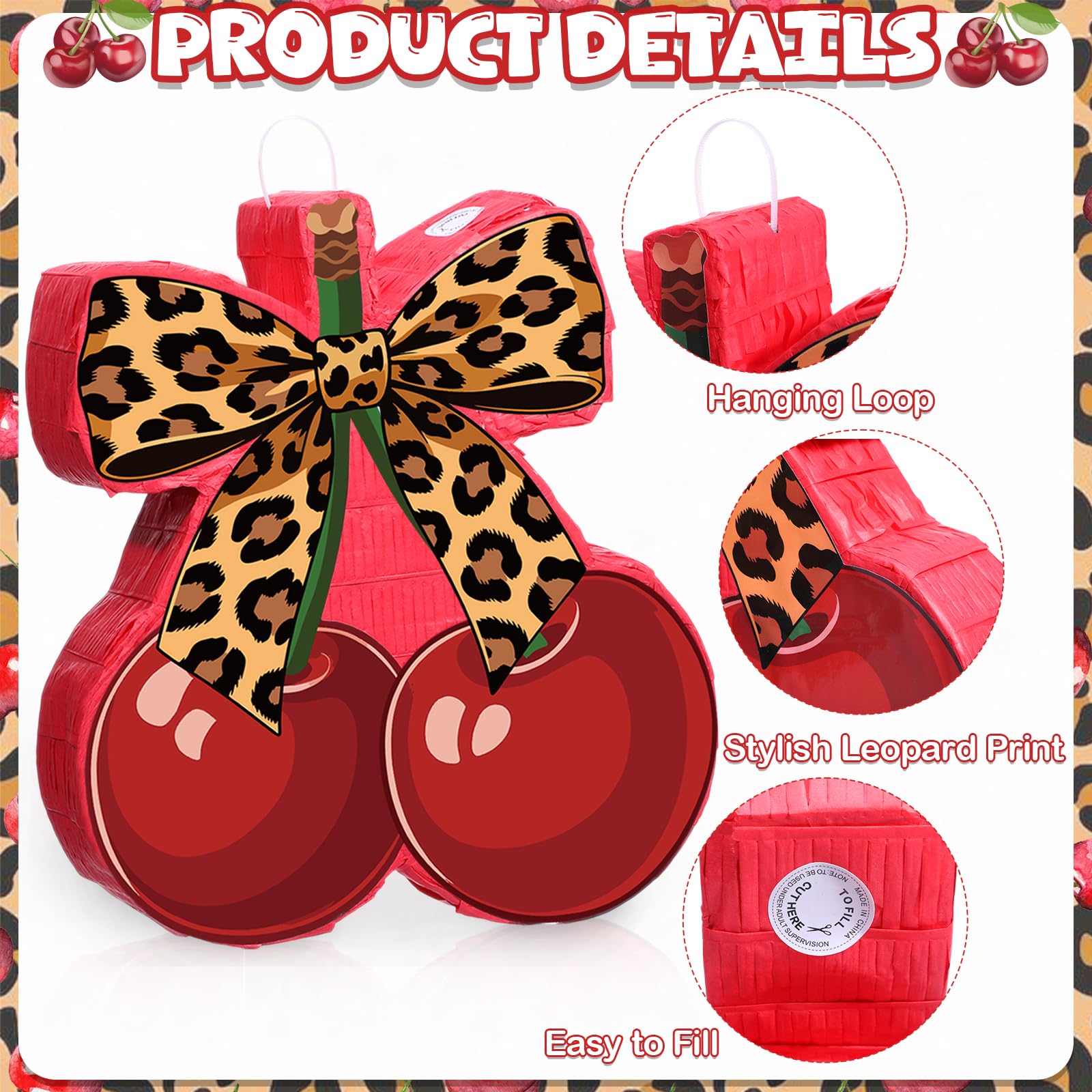 VioraWhite Juego de piñata con estampado de leopardo y cereza, juego de piñata con palo de golpear los ojos vendados, estampado de guepardo, rojo y negro, decoración temática de fiesta para despedida