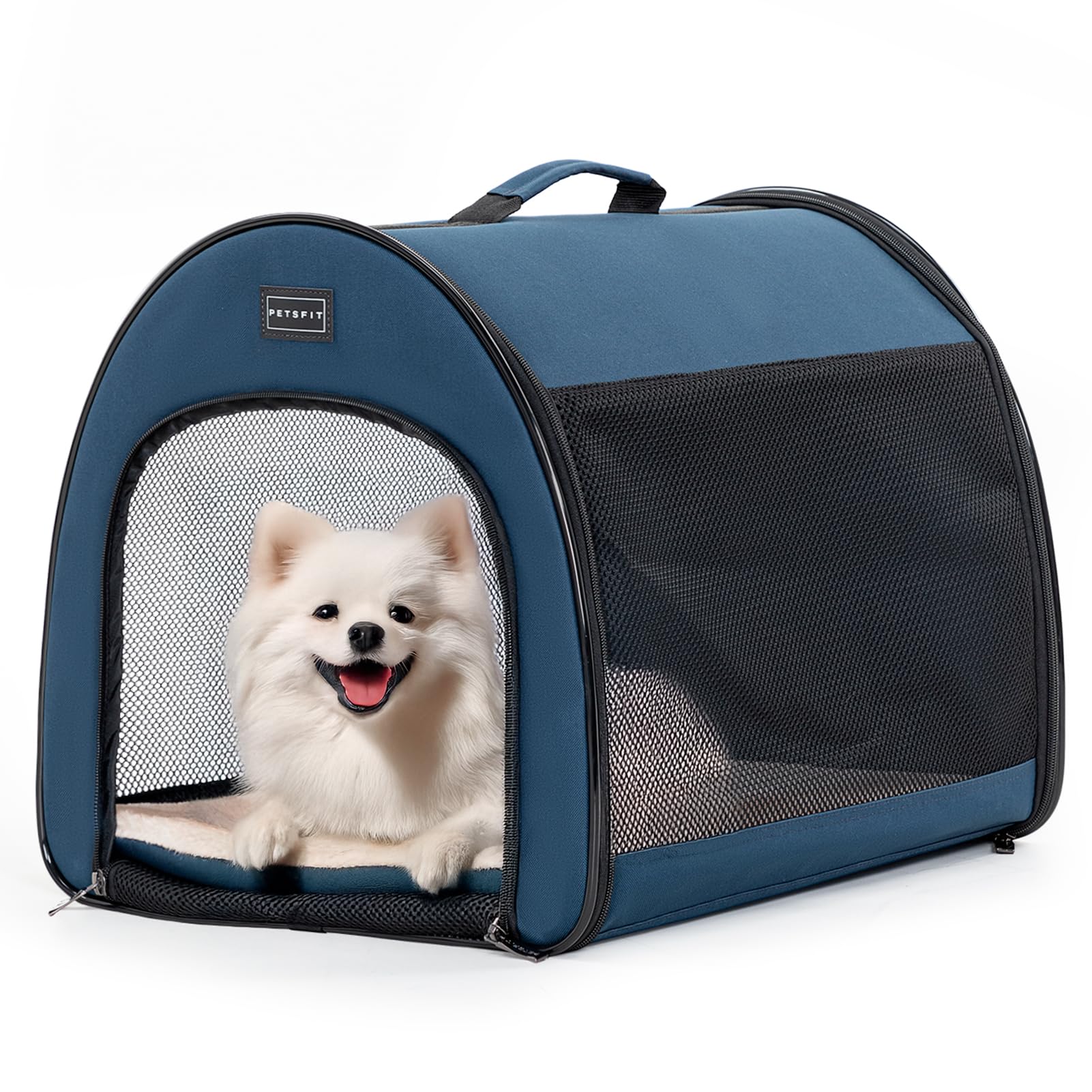 PETSFIT Soft Sided Dog Crate, Travel Dog Kennel - 19 Inch Lightweight, Roomy, Easy to Set Up, Portable Pop Up Dog Carrier Dog Kennel Indoor with Thick Mat, Sturdy Portable Dog Crate Navy Blue