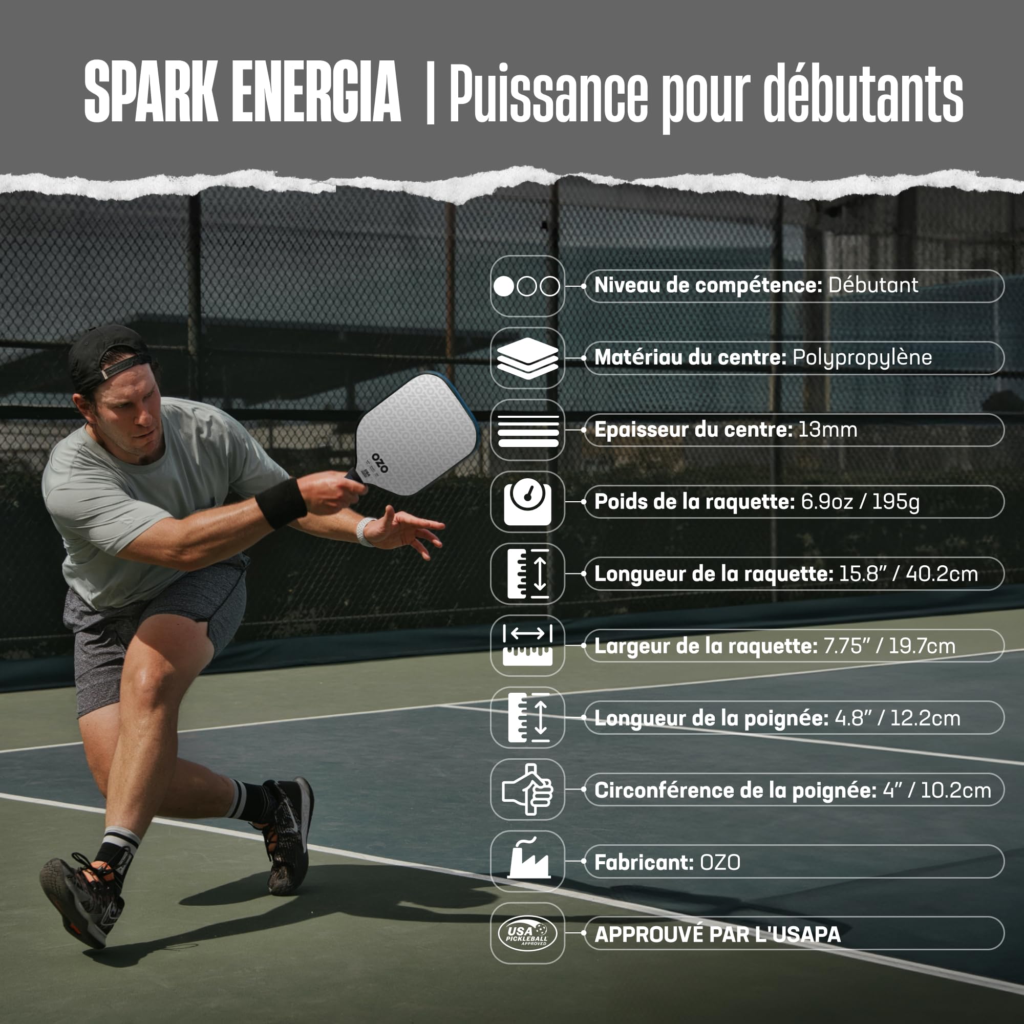 OZO Pickleball - Spark Energia Ritmo - USAPA Approved Beginner Power Paddle - Carbon Fiber Face