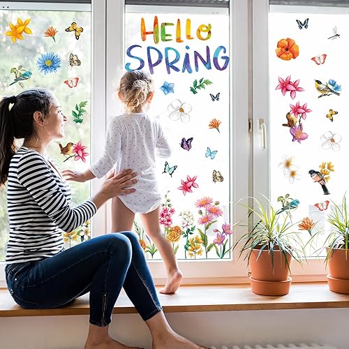 Miniatura 6 de 9 hojas de calcomanías de ventana de primavera con texto en inglés «Hello Spring» para ventanas, flores, mariposas, abejas, pájaros, calcomanías de