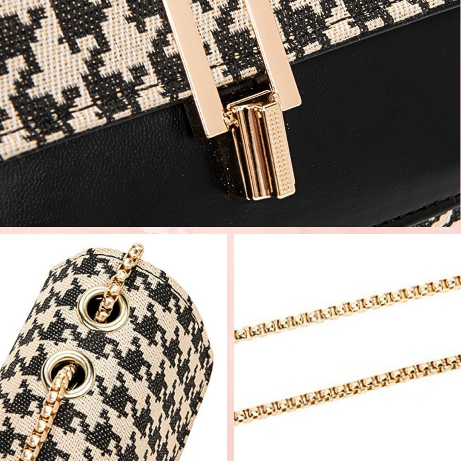 Houndstooth Faux Leather Crossbody Bags, Womens Metal Chain Strap Vegan Shoulder Clutch Purse with Rabbit Key Ring