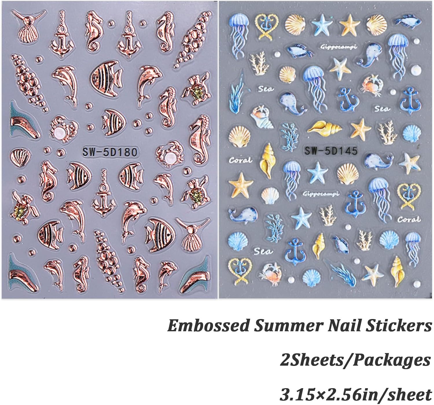 Summer Nail Art Stickers Decals Ocean Theme Nail Decals 2PCS Self-Adhesive Fish Seashell Seahorse Jellyfish Starfish Nail Design Stickers Blue Gold Nail Supplies for Women Nail Art Decorations - Image 7