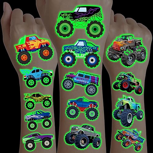 Miniatura 10 de 8 hojas (96 piezas) Monster Truck Tatuajes temporales para niños, suministros de fiesta de cumpleaños, recuerdos de tatuajes falsos súper lindos,