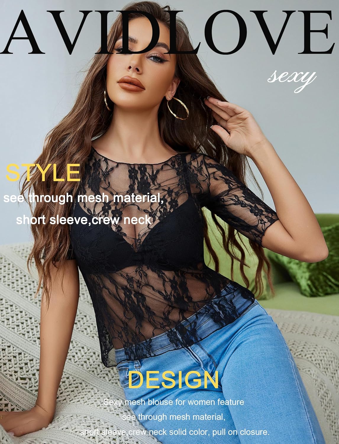 Avidlove Mesh Top for Women Short Sleeve Crew Neck Fitted Top Solid & Floral Lace Tee Shirts - Image 4