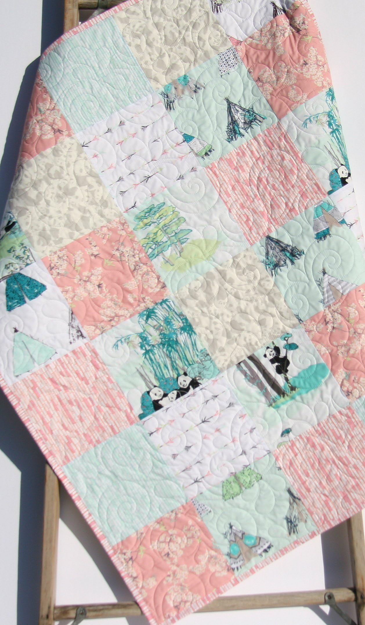 Panda Baby Girl Quilt Bamboo Arrows Pastel Shabby Chic Crib Bedding Nursery Coral Pink Blue Toddler Bed Quilt