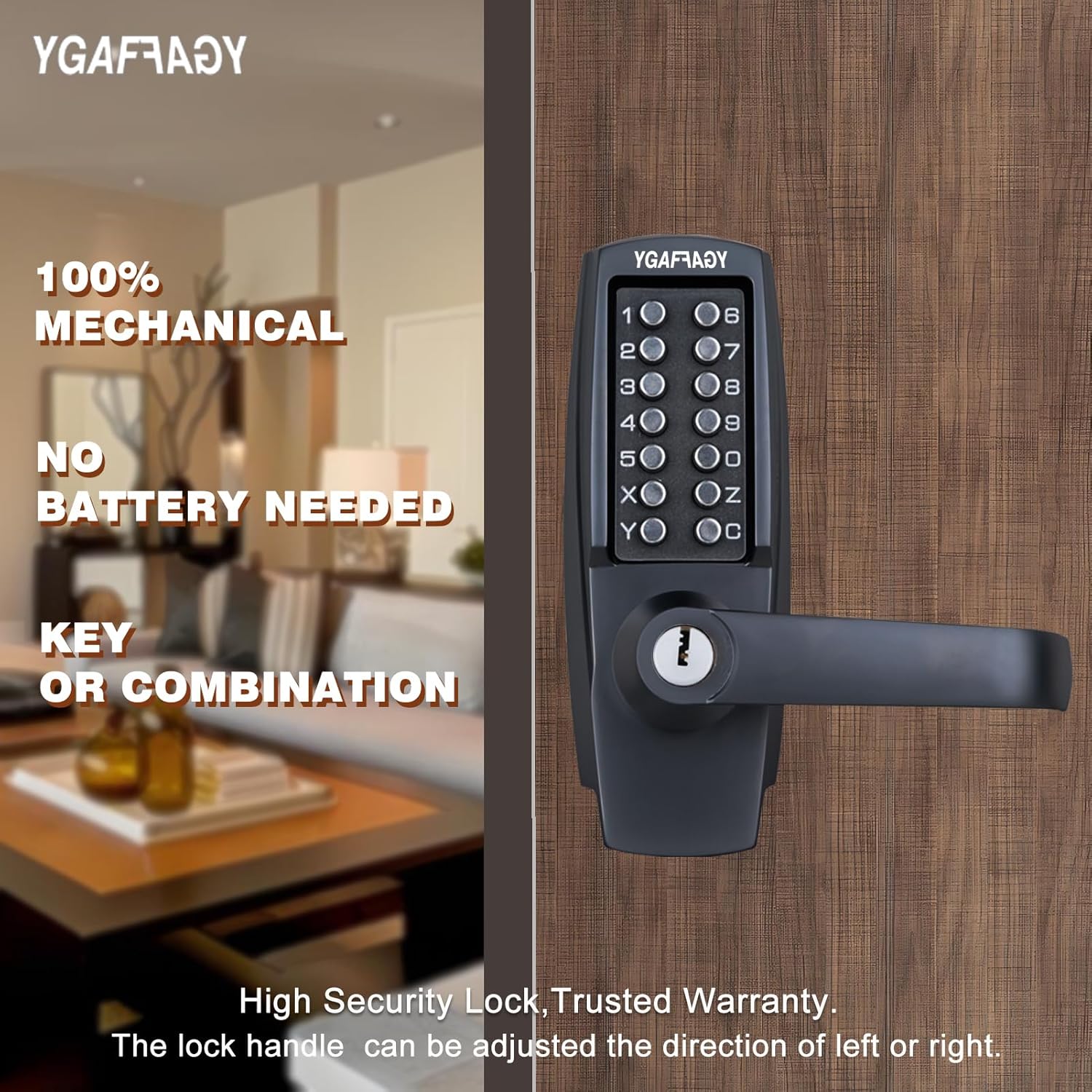 Mechanical Entry Door Lock, Weatherproof Keypad Deadbolt with Handle, Security Heavy Duty Lock Without Electronic, Easy Installation, for Home, Yard-gate, Office, Indoor or Outdoor (Black, HD)